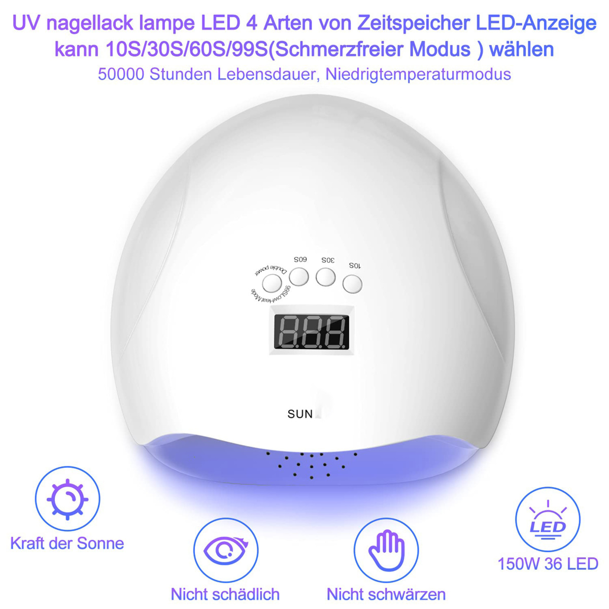Weiße UV-Nagellampe mit Digitalanzeige und Symbolen. Sie hat einen blauen Sockel.