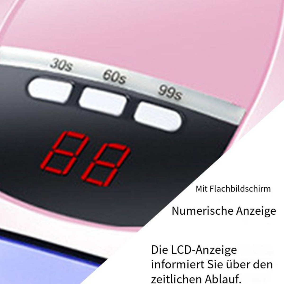 Nahaufnahme eines rosa Geräts mit Digitalanzeige, die 88 anzeigt. Knöpfe mit der Aufschrift 30s, 60s, 99s sind sichtbar.