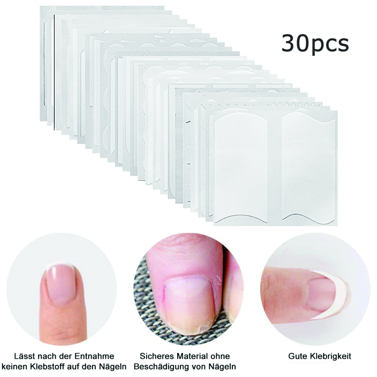 Nagelaufkleber, mit Bildern der Nagelanwendungsschritte und dem Text '30pcs' über den Aufklebern.