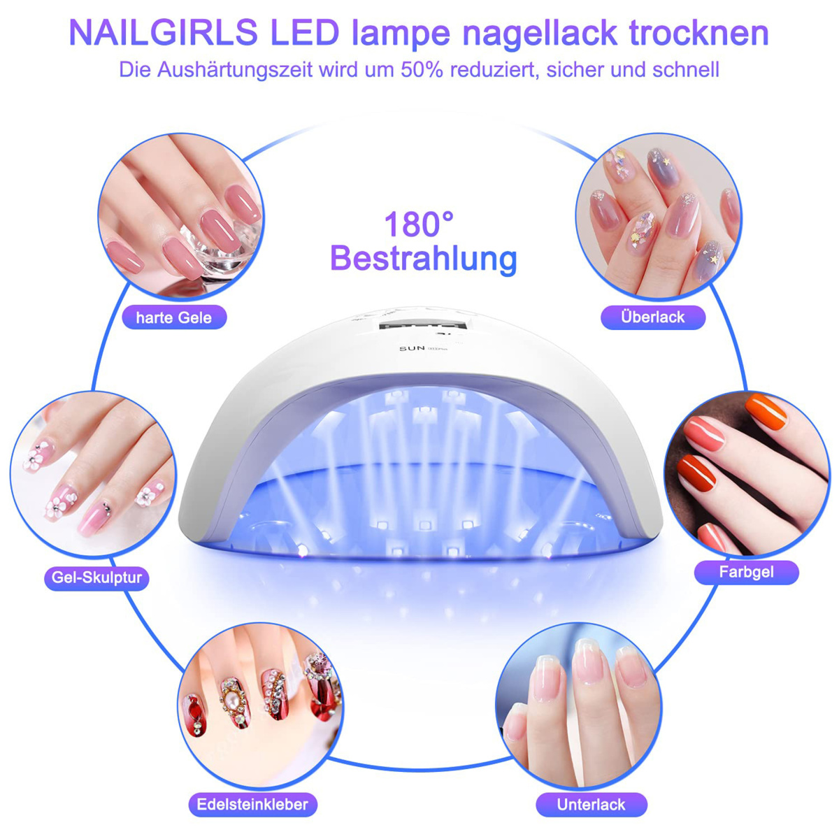 Eine Nagellampe mit verschiedenen Nagelkunstbeispielen. Die Lampe ist weiß, mit blauem Licht.