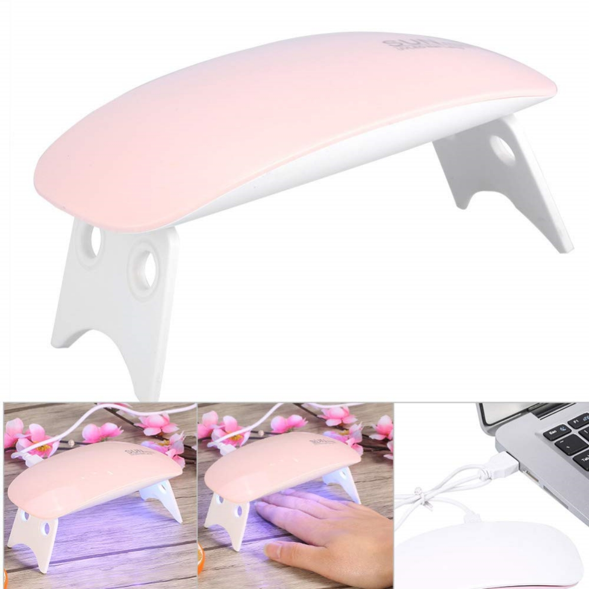 Rosa Nagellampe. Zeigt Ober- und Seitenansichten. Hat eine Hand darin. USB an Laptop angeschlossen.