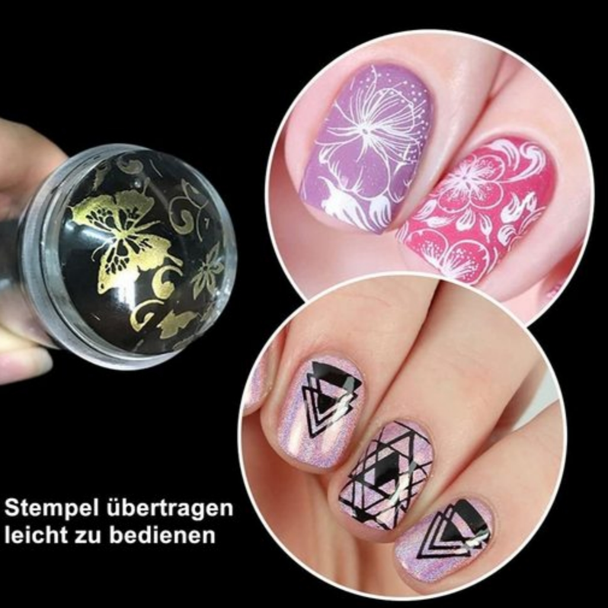Nagelkunst-Beispiele. Ein Stempel wird gezeigt. Drei Nägel sind verziert. Blumen und geometrische Muster.