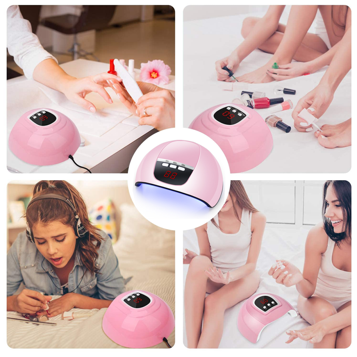 Collage von Frauen, die einen rosa Nageltrockner benutzen. Nagellack auftragen, Trockner benutzen. Verschiedene Einstellungen.