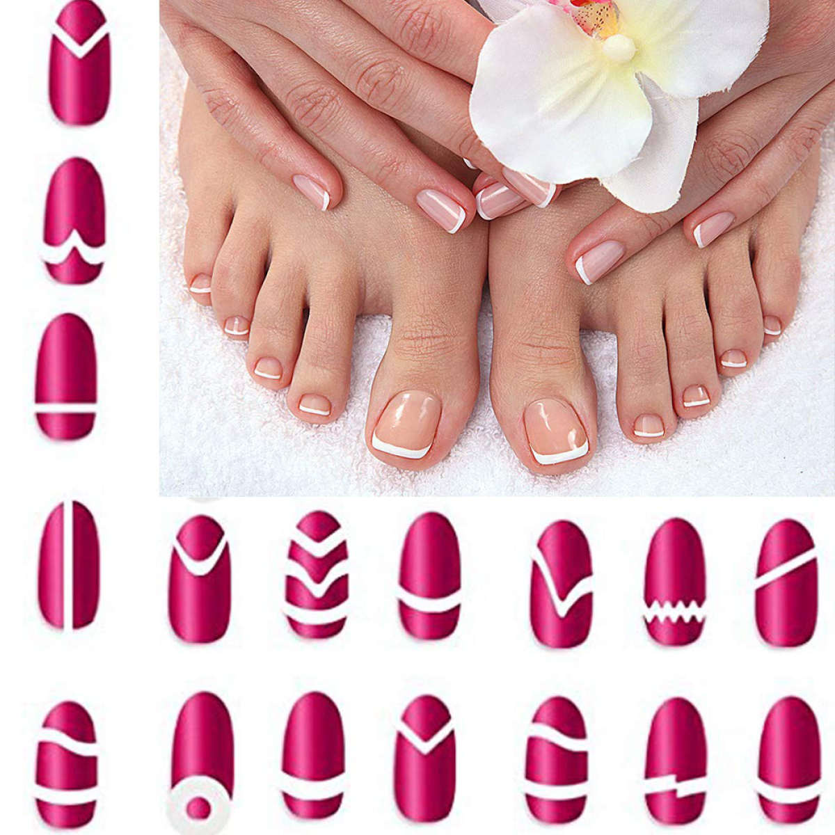 Hände einer Frau mit manikürten Nägeln und eine Auswahl an Nageldesign-Optionen.