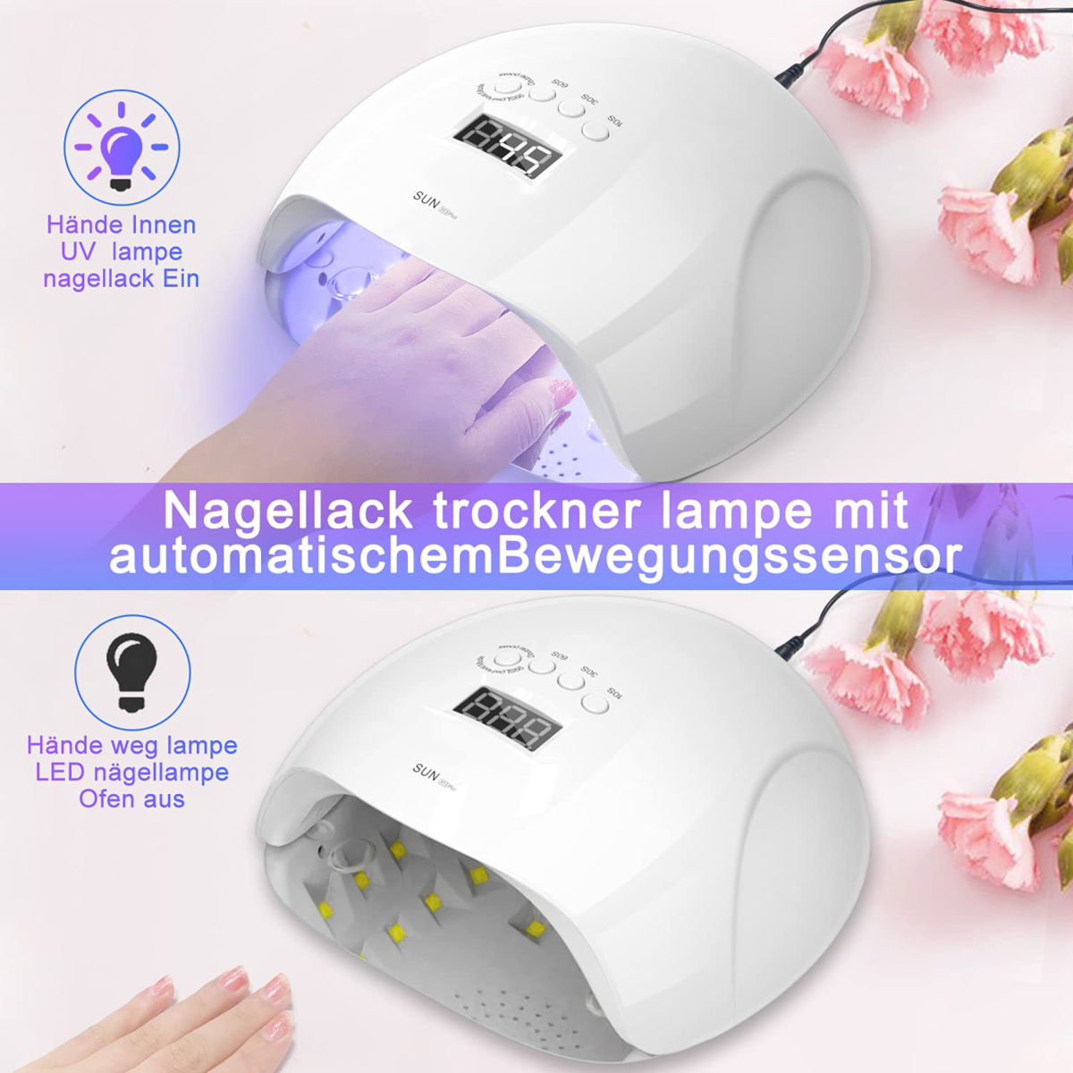 Ein weißer Nageltrockner mit einer Hand innen und einer Hand außen.