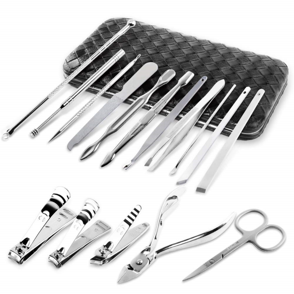Ein Set Maniküre-Werkzeuge, einschließlich Clipper, Schere, Pusher und Feilen. Auf schwarzem Etui.