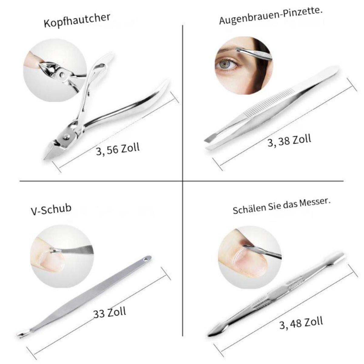 Vier Pflegeutensilien: Nagelknipser, Augenbrauenpinzette, Hautschieber und Nagelhautlöffel, mit Maßen.