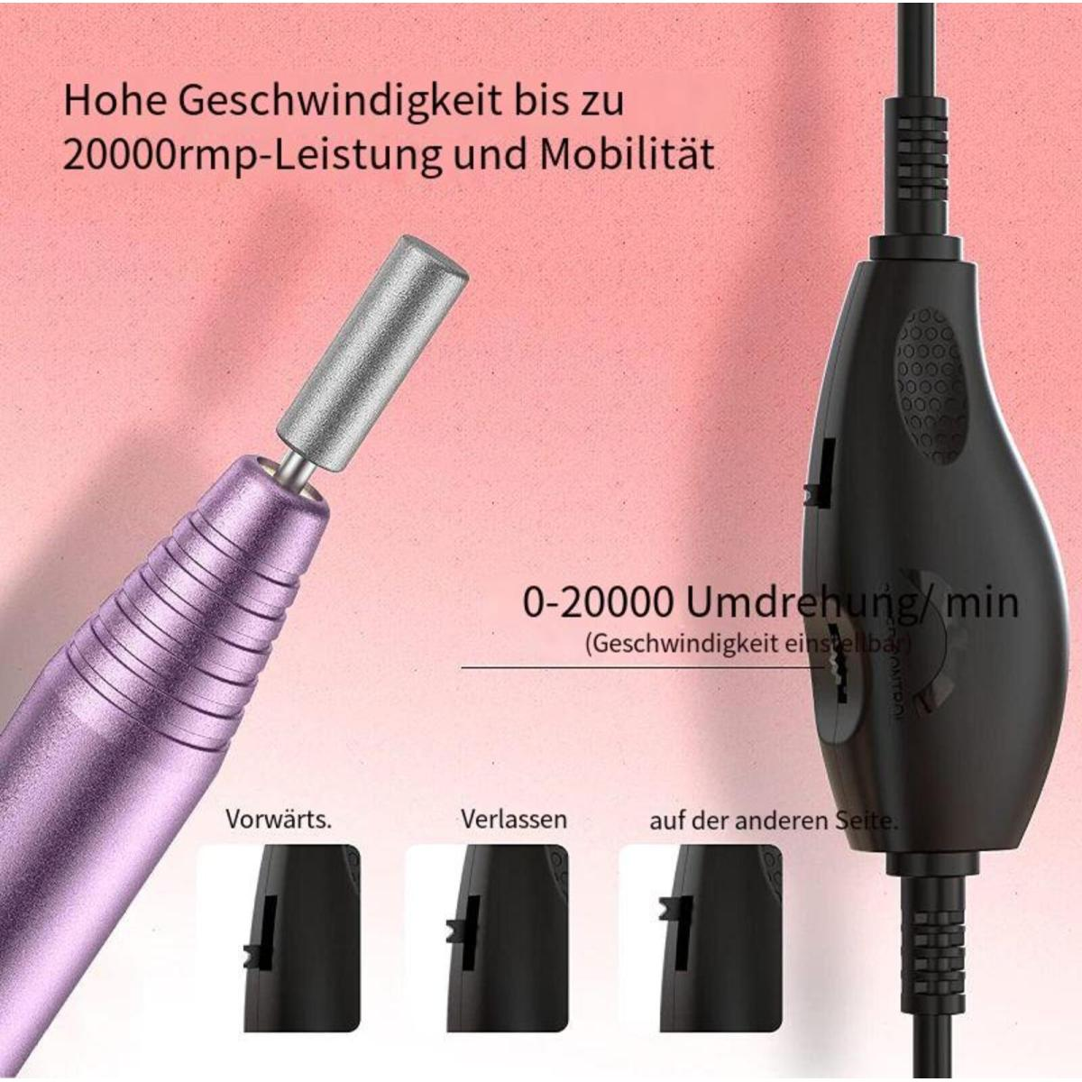 Nahaufnahme eines lila Nageltrainers und seines Bedienfelds. Geschwindigkeitseinstellungen werden angezeigt.