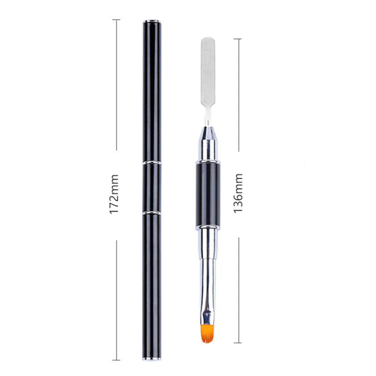 Zwei Nailart-Werkzeuge: ein Pinsel und ein Spatel mit Griff.