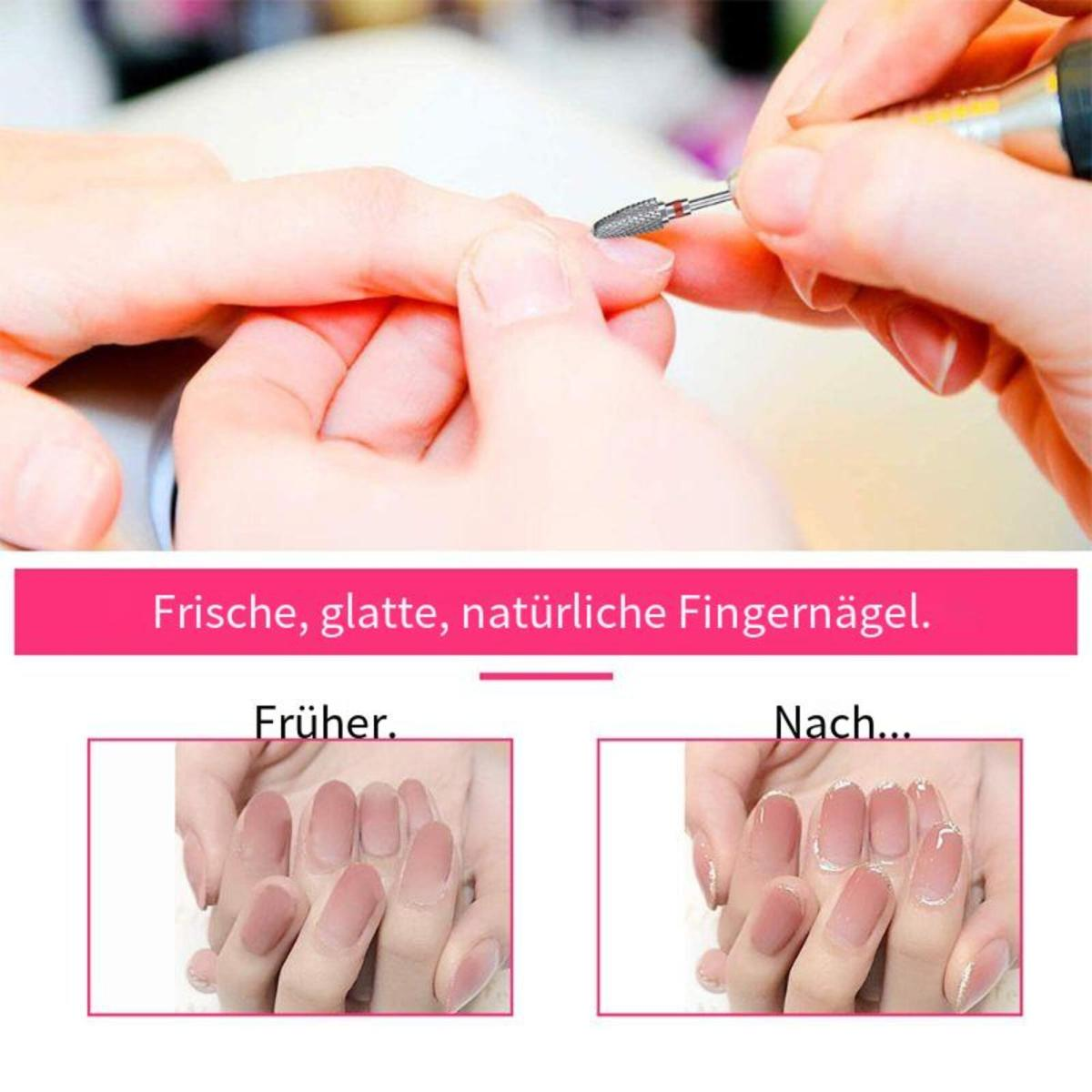 Hände, die an Nägeln arbeiten. Vorher- und Nachher-Nägel werden gezeigt. Text: Frische, glatte, natürliche Fingernägel.