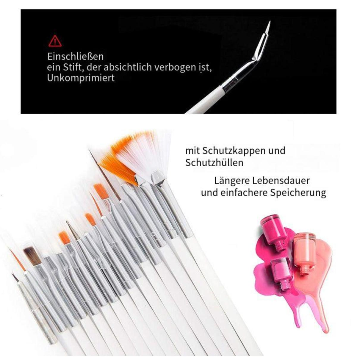 Ein Satz Pinsel mit weißen Griffen und orangen Borsten. Kleine Flaschen rosa Farbe sind rechts.