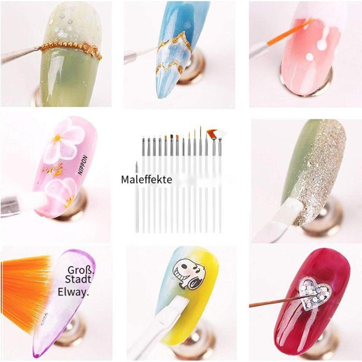 Neun Nageldesigns mit verschiedenen Farben und Dekorationen, darunter Glitzer, Blumen und Cartoonfiguren.