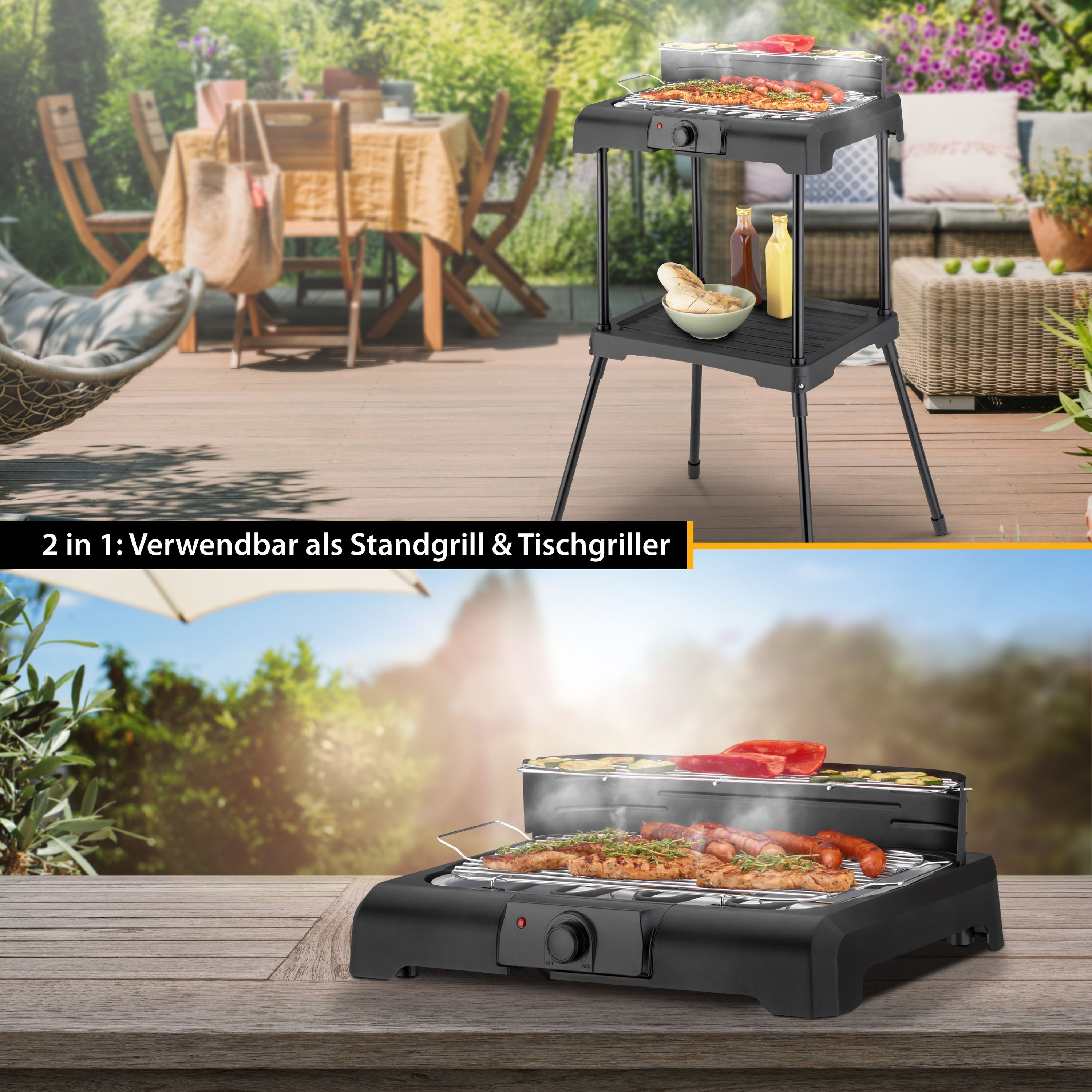 Ein zweistufiger Grill auf einer Terrasse. Die obere Ebene hat Essen, die untere ist Stauraum.