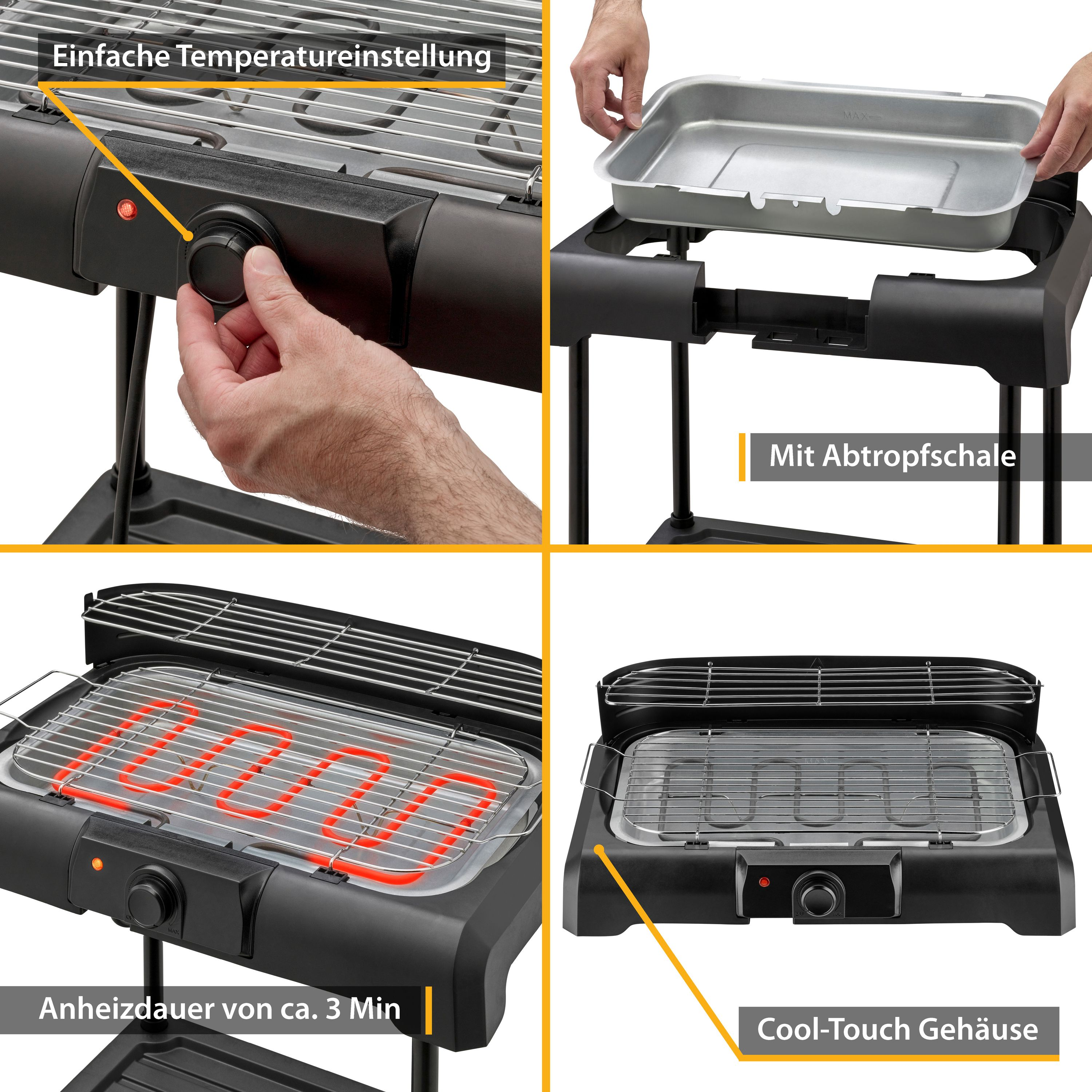 Nahaufnahme eines schwarzen Elektrogrills, bei dem eine Person die Temperatur einstellt.