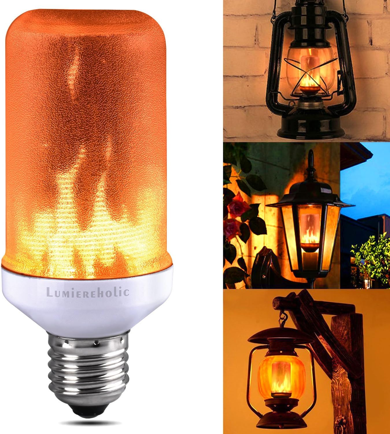 Eine orangefarbene LED-Glühbirne mit Flammeneffekt, weißem Sockel und drei weiteren Bildern von Laternen mit ähnlichen Flammeneffekten.