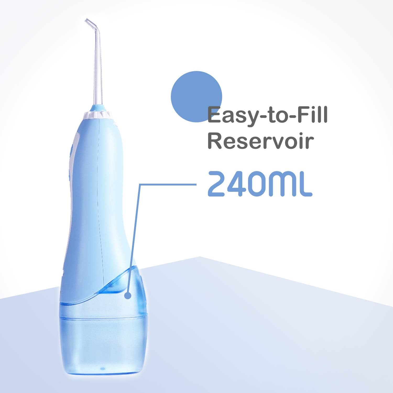 Ein blaues Wasser-Flosser wird mit einem leicht zu befüllenden Reservoir gezeigt. Ein blauer Kreis und Text sind rechts.