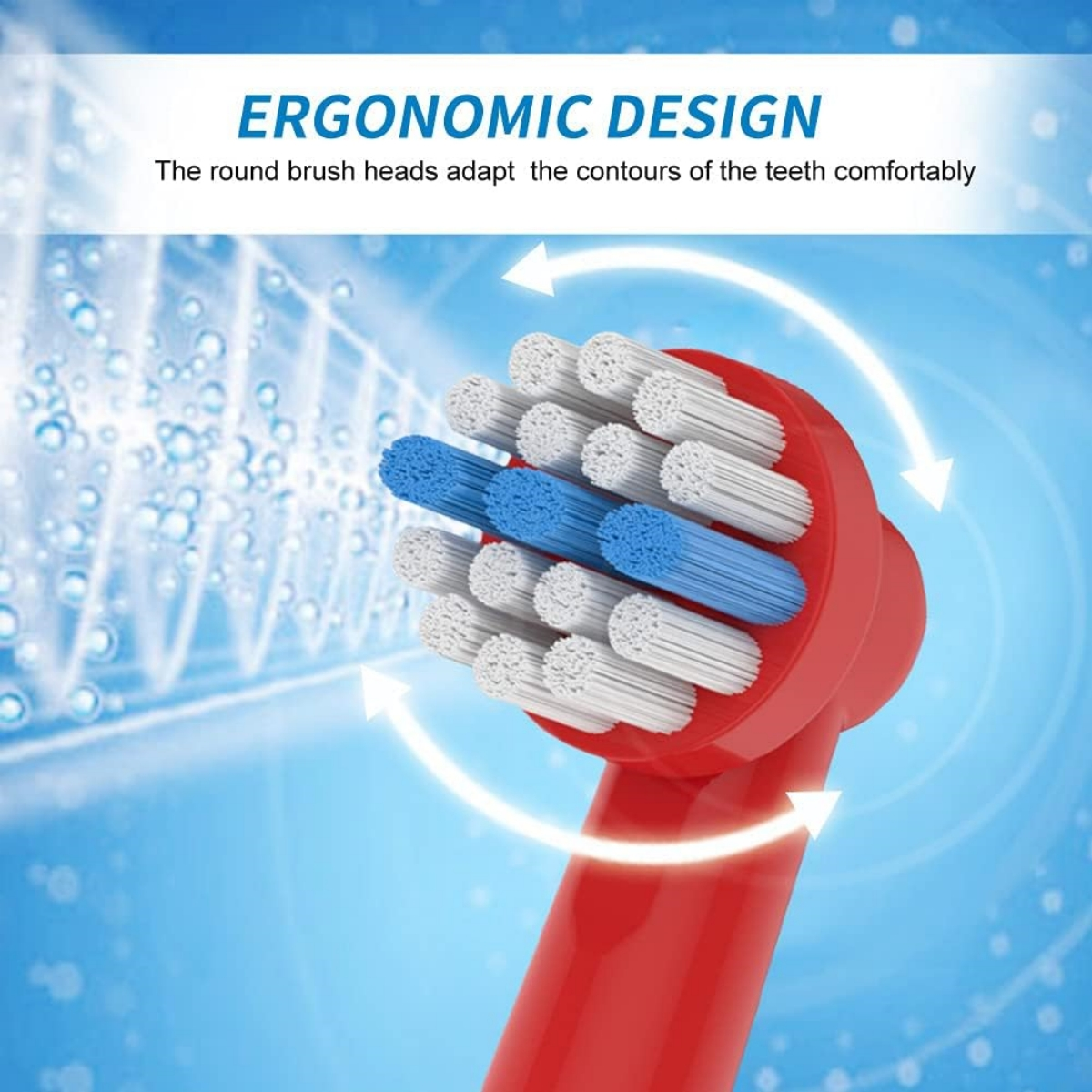 Nahaufnahme eines roten elektrischen Zahnbürstenkopfes, umgeben von Pfeilen. Text: "Ergonomic Design".