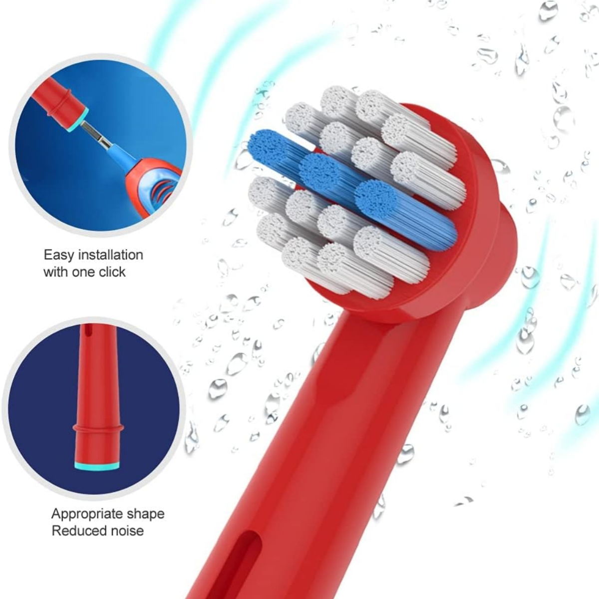Ein roter elektrischer Zahnbürstenkopf. Nahaufnahme der Borsten und des Sockels, mit Wassertropfen.