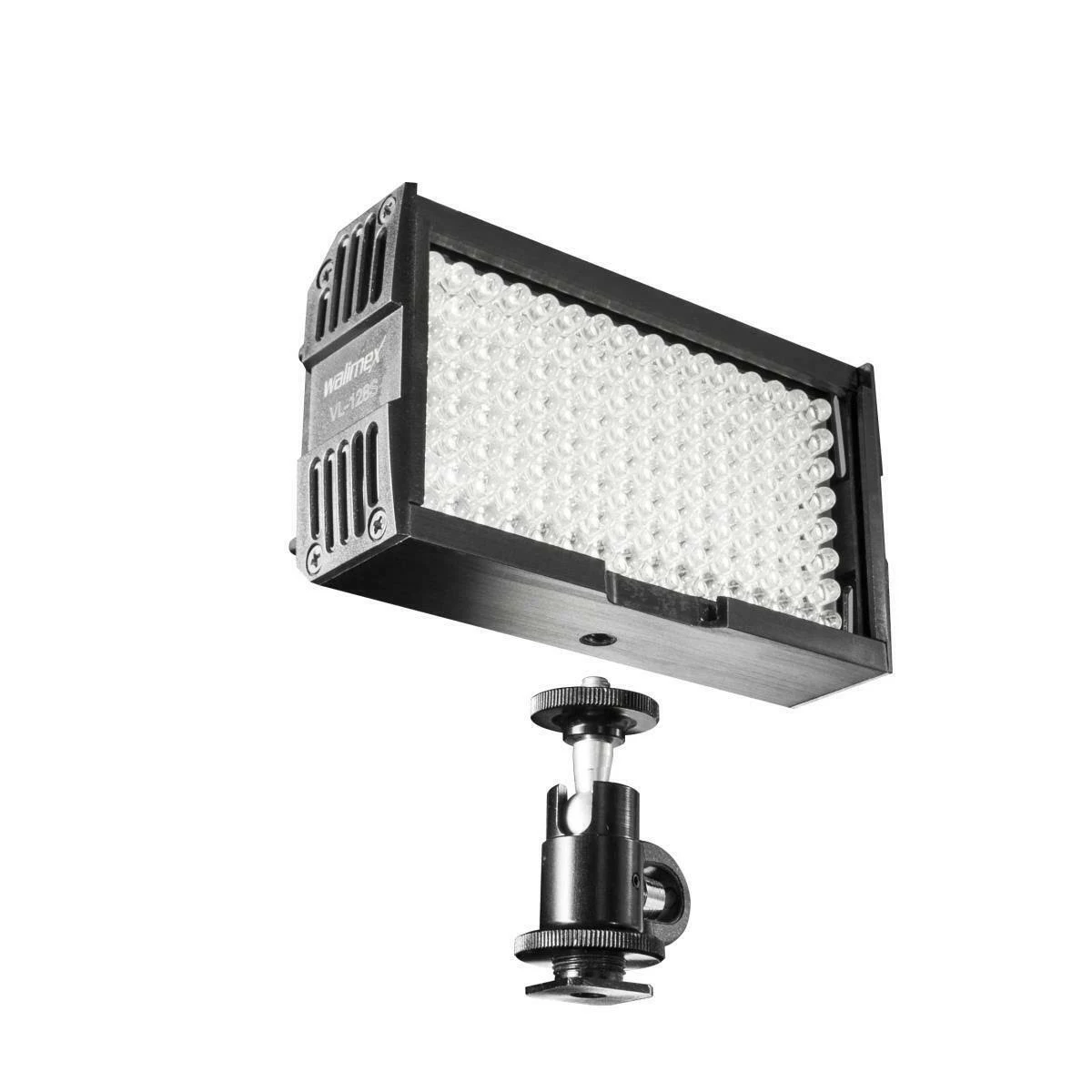 Un pannello luminoso a LED nero su un supporto con montaggio argentato.