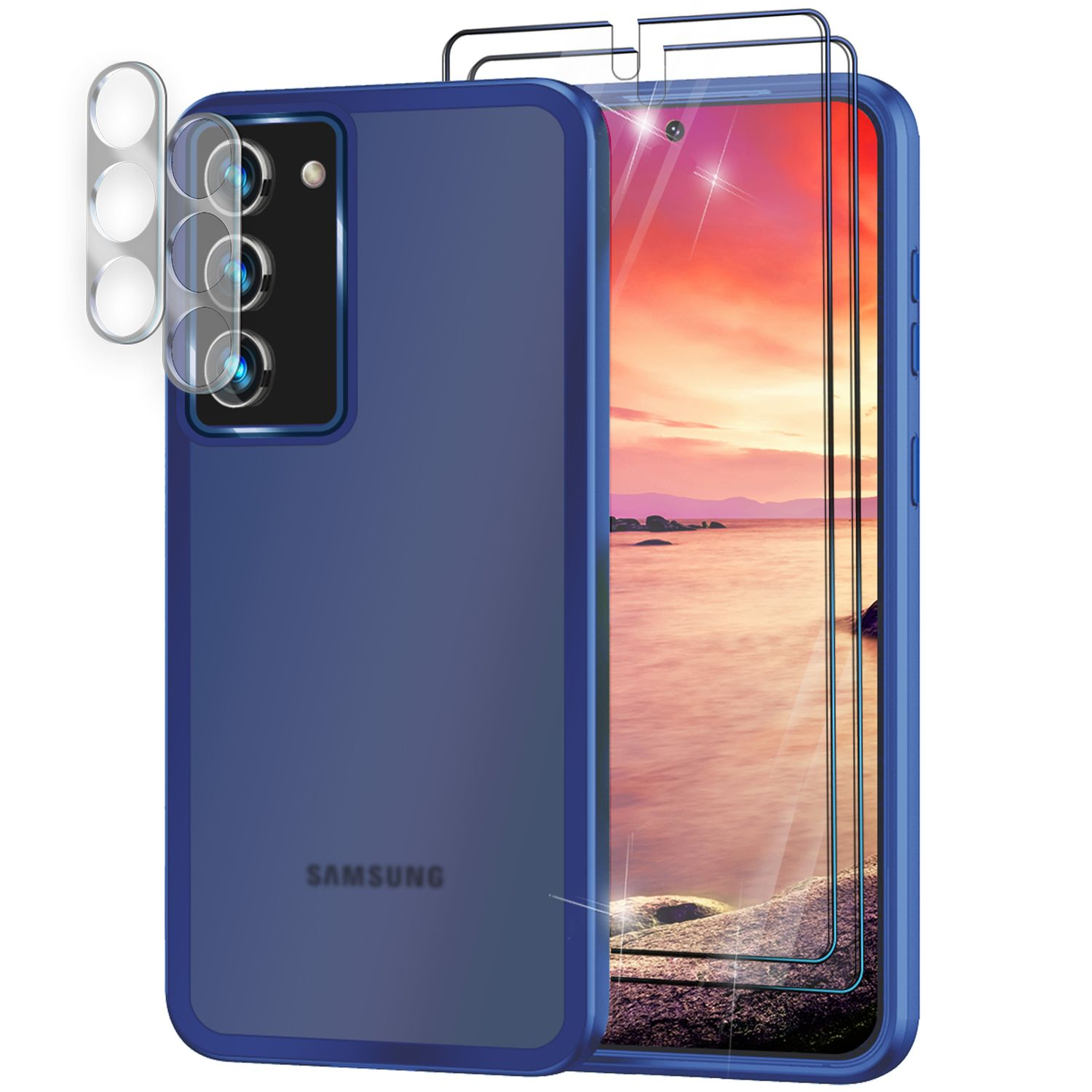 Eine blaue Handyhülle und Displayschutzfolien für ein Samsung-Handy, mit blauem Hintergrund.
