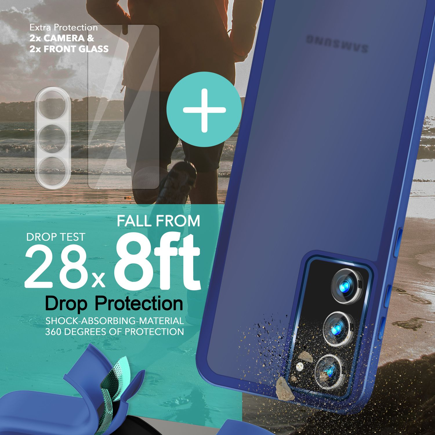 Eine blaue Handyhülle mit Telefon darin, zeigt Fallschutz und zusätzlichen Kamera/Bildschirmschutz.