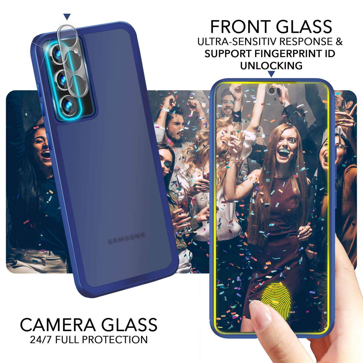 Ein Telefon in einer blauen Hülle mit Displayschutz. Im Hintergrund sind Menschen zu sehen.