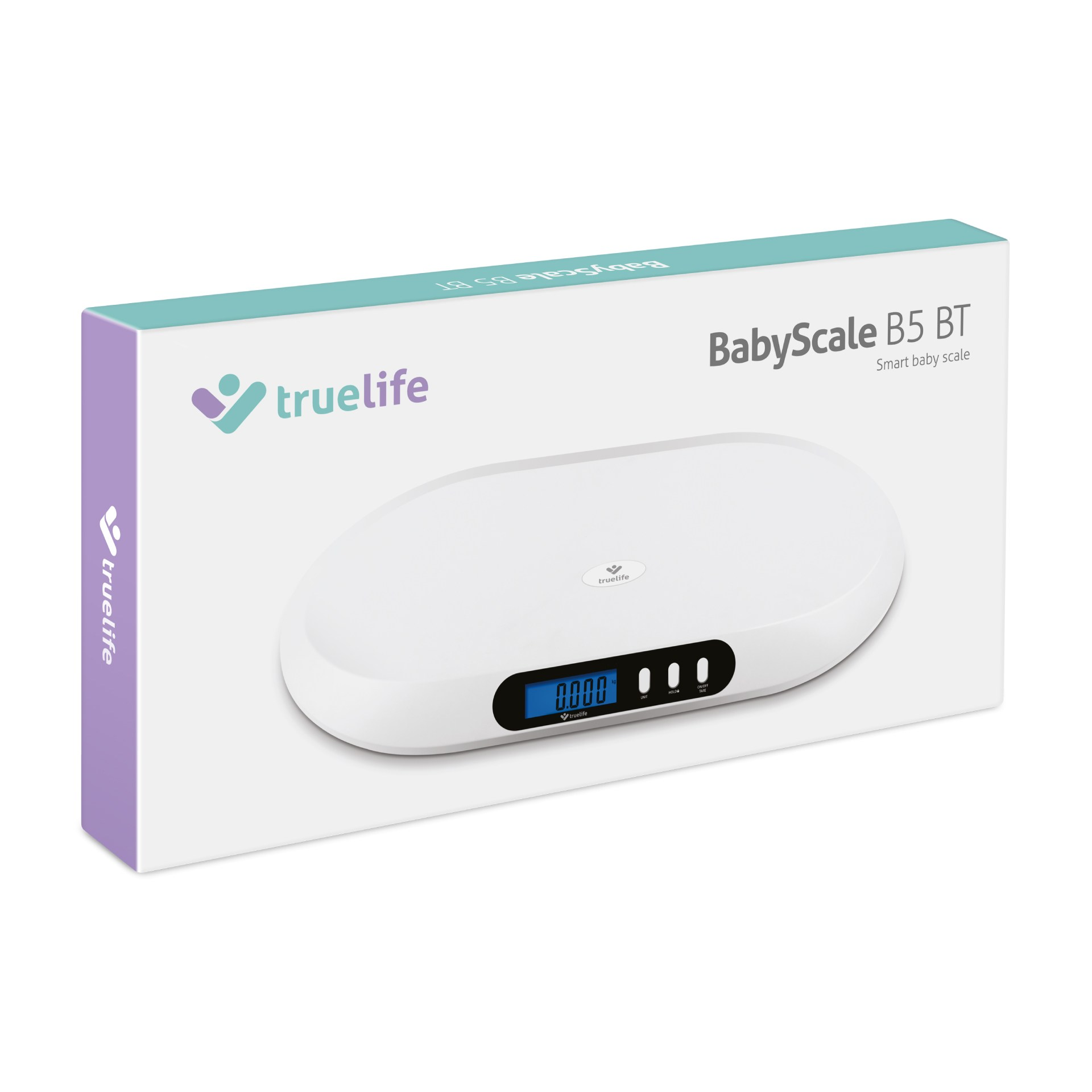 Eine weiße Babywaage mit digitaler Anzeige. Auf der Box steht BabyScale B5 BT und Truelife.