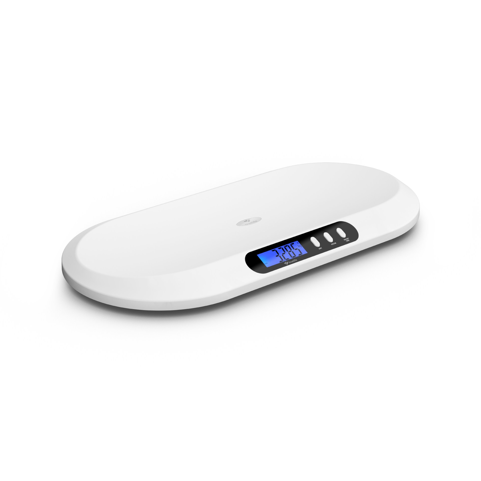 Weiße Babywaage auf weißem Hintergrund. Sie hat eine Digitalanzeige und Knöpfe.