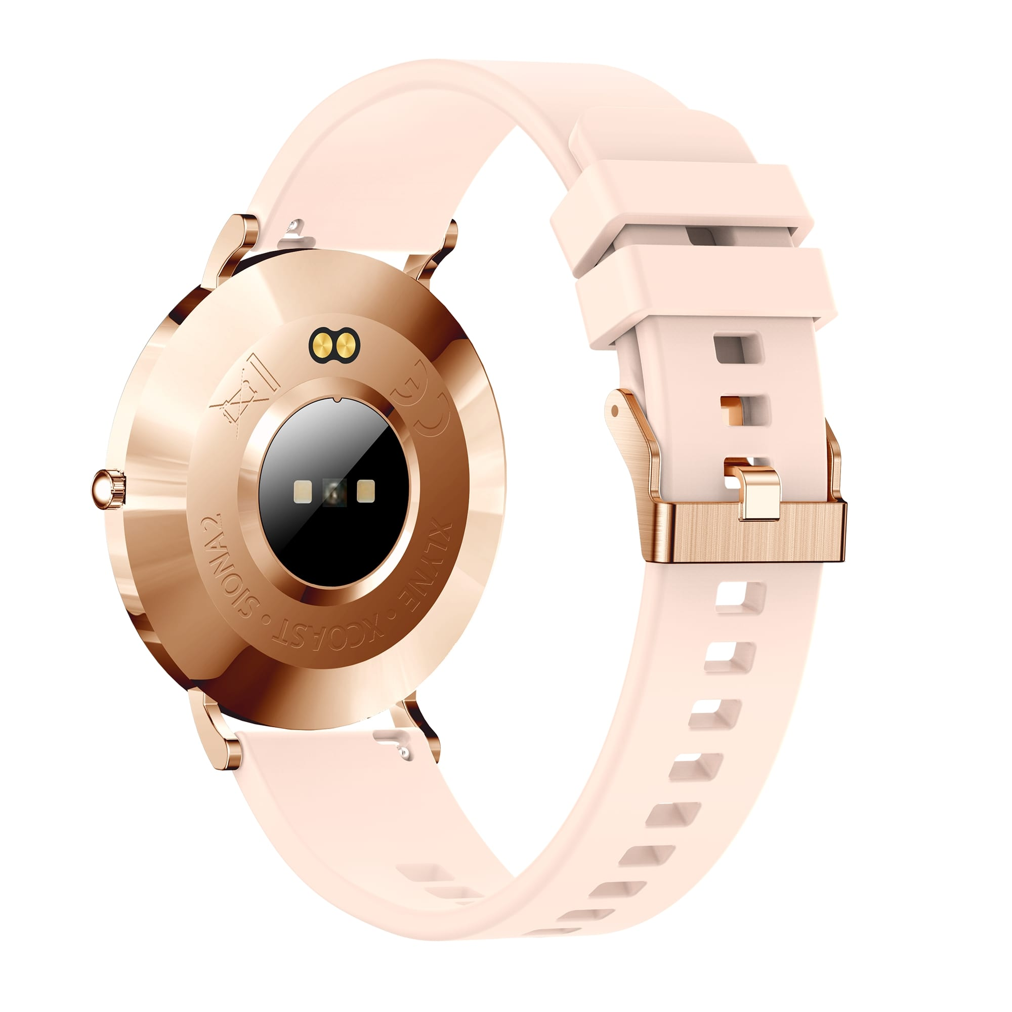 Eine roségoldene Smartwatch mit pinkfarbenem Armband.
