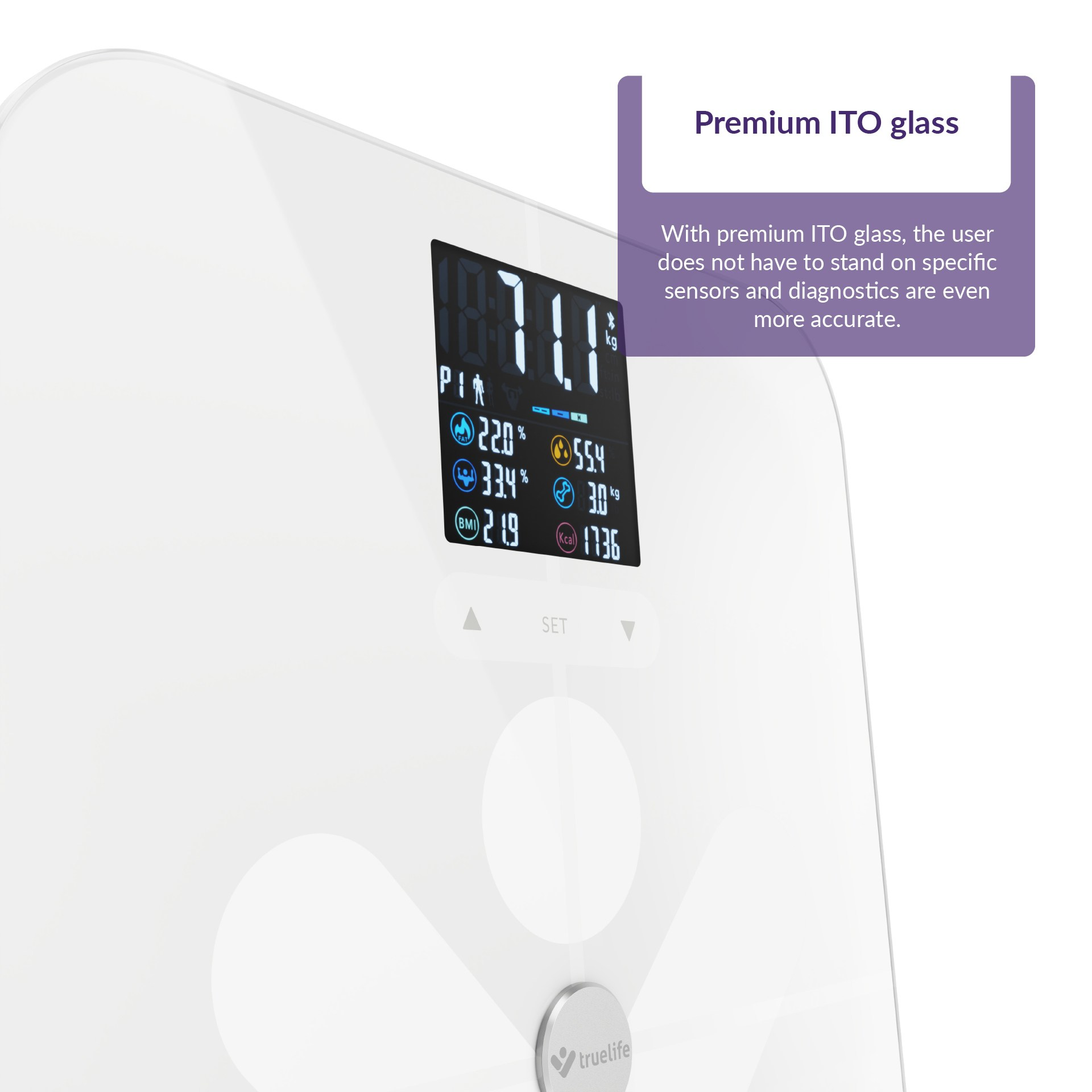 Biała waga cyfrowa z wyświetlaczem pokazującym wagę i wskaźniki ciała.