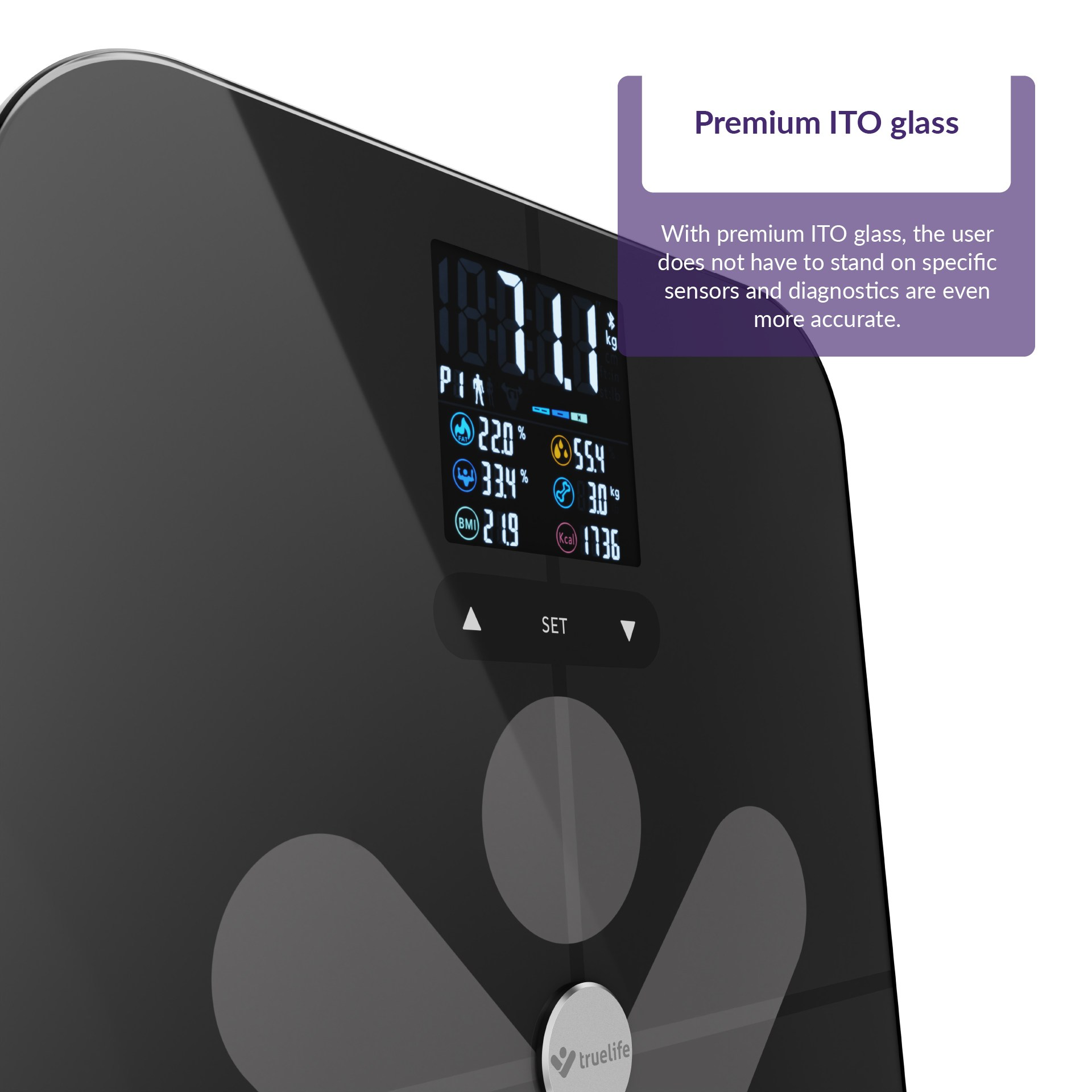 Cyfrowa waga łazienkowa z wyświetlaczem pokazującym wagę i metryki ciała, z tekstem o szkle ITO.