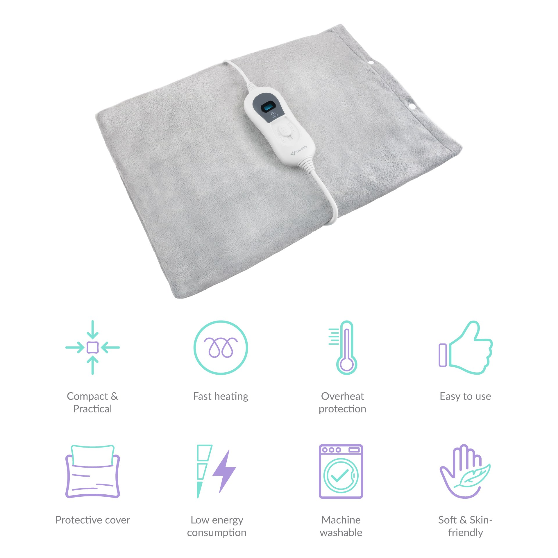 Szara poduszka grzewcza z panelem sterowania, otoczona ikonami.