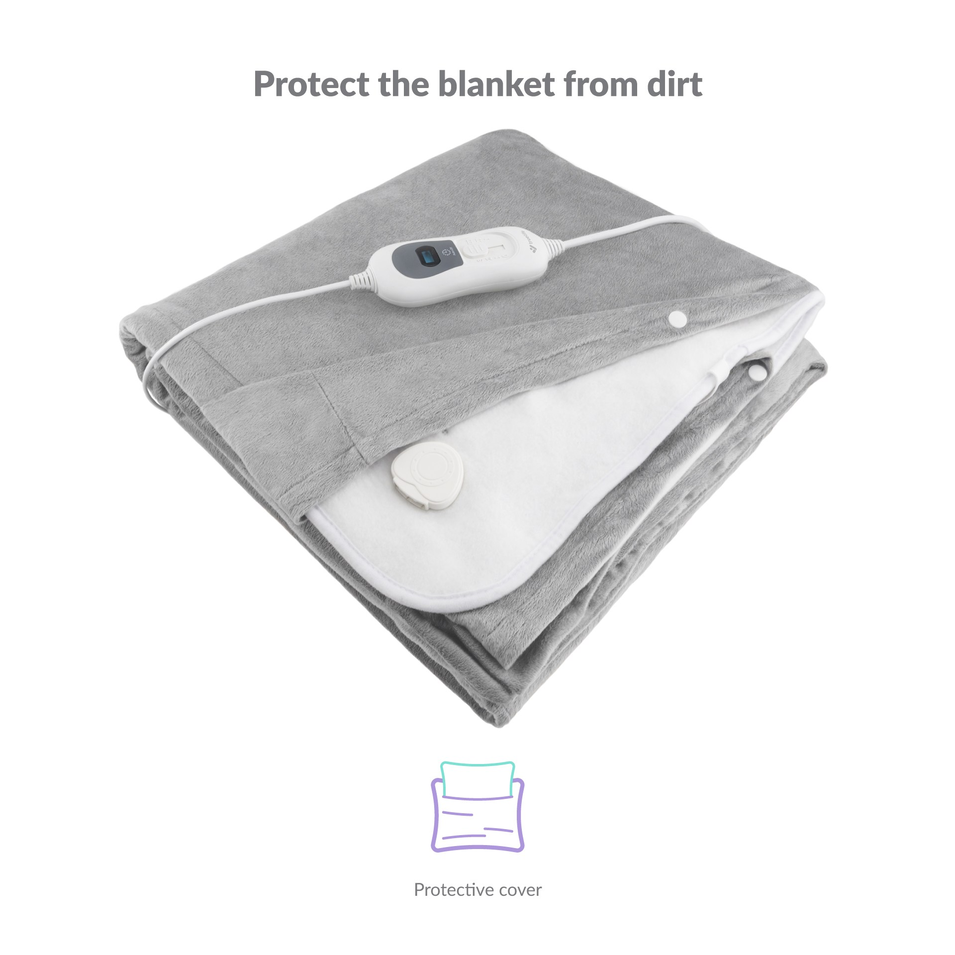 Szary podgrzewany koc złożony, z pilotem i pokrowcem ochronnym na obrazie.