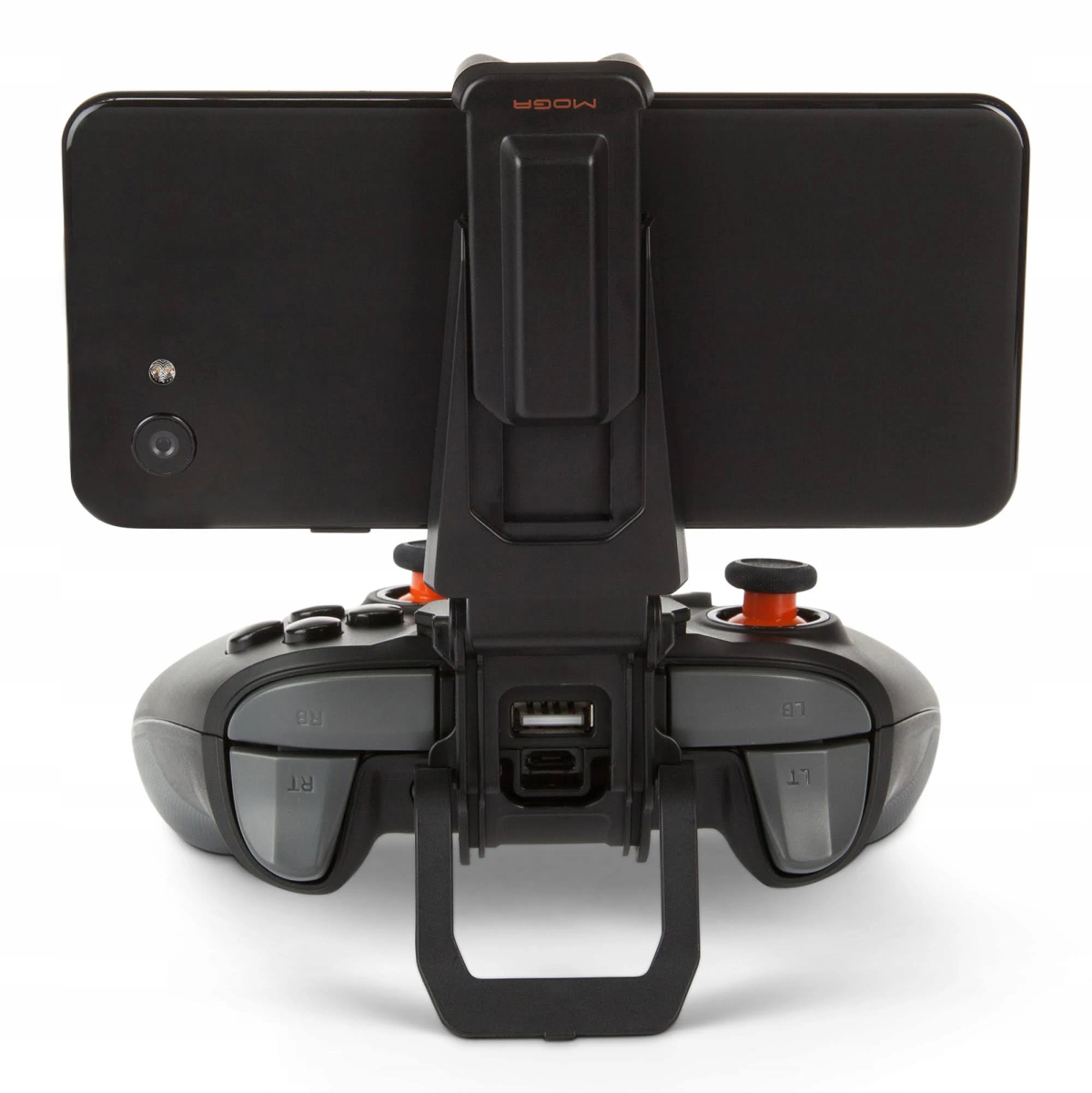 Ein schwarzes Telefon ist an einem schwarzen Gamecontroller mit orangefarbenen Akzenten befestigt.