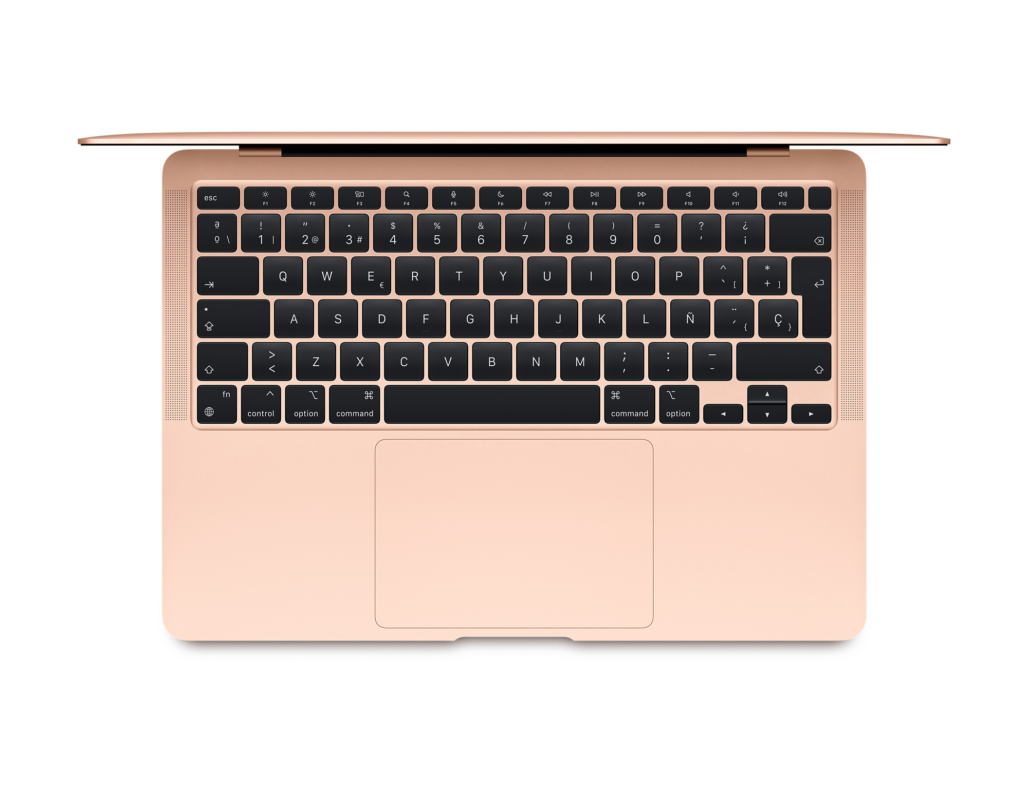 Vista superior de un MacBook Air color oro rosa, abierto. Teclado y trackpad visibles.