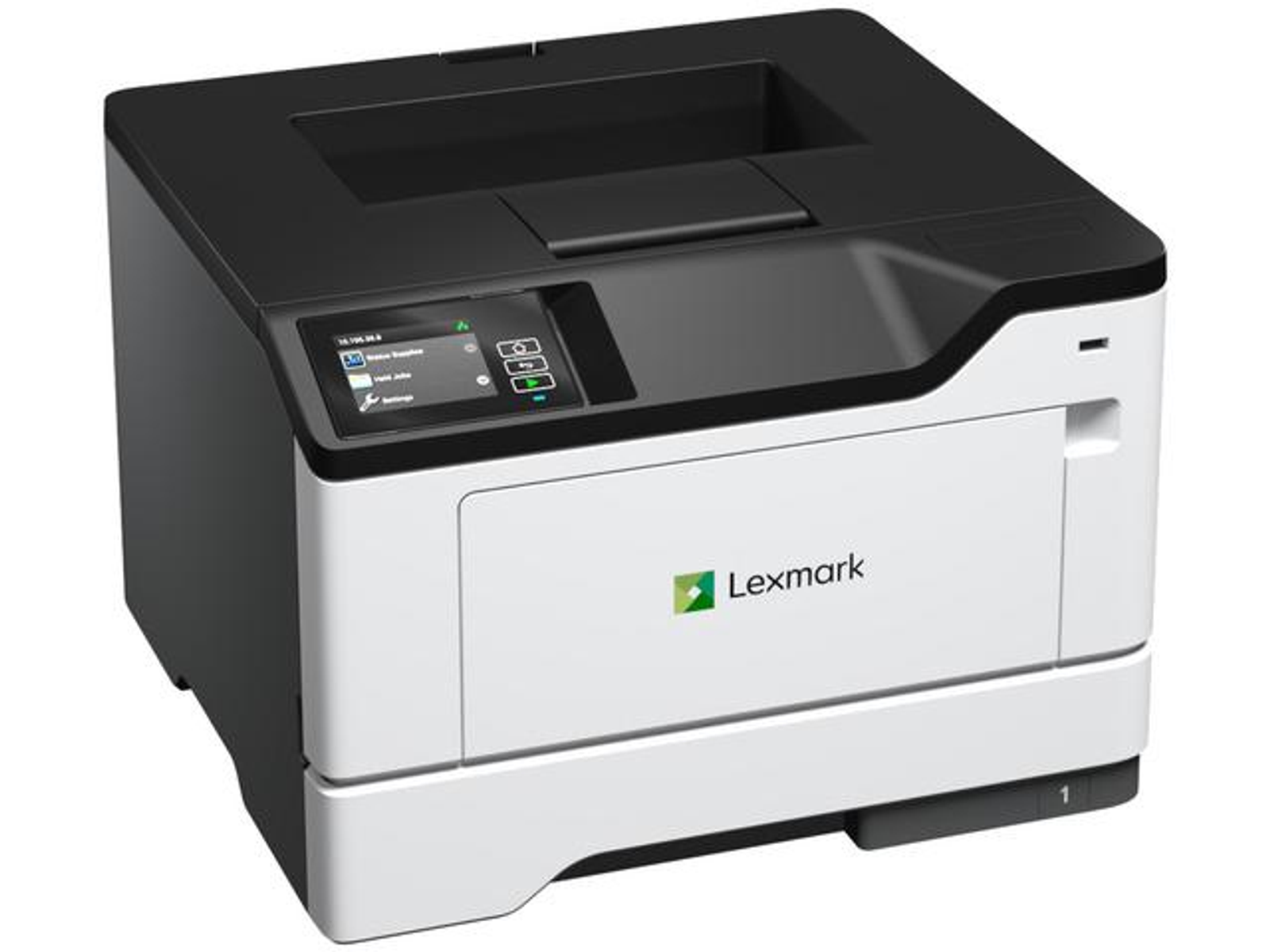 Biało-czarna drukarka Lexmark. Na przodzie wyświetlacz i zielone logo.