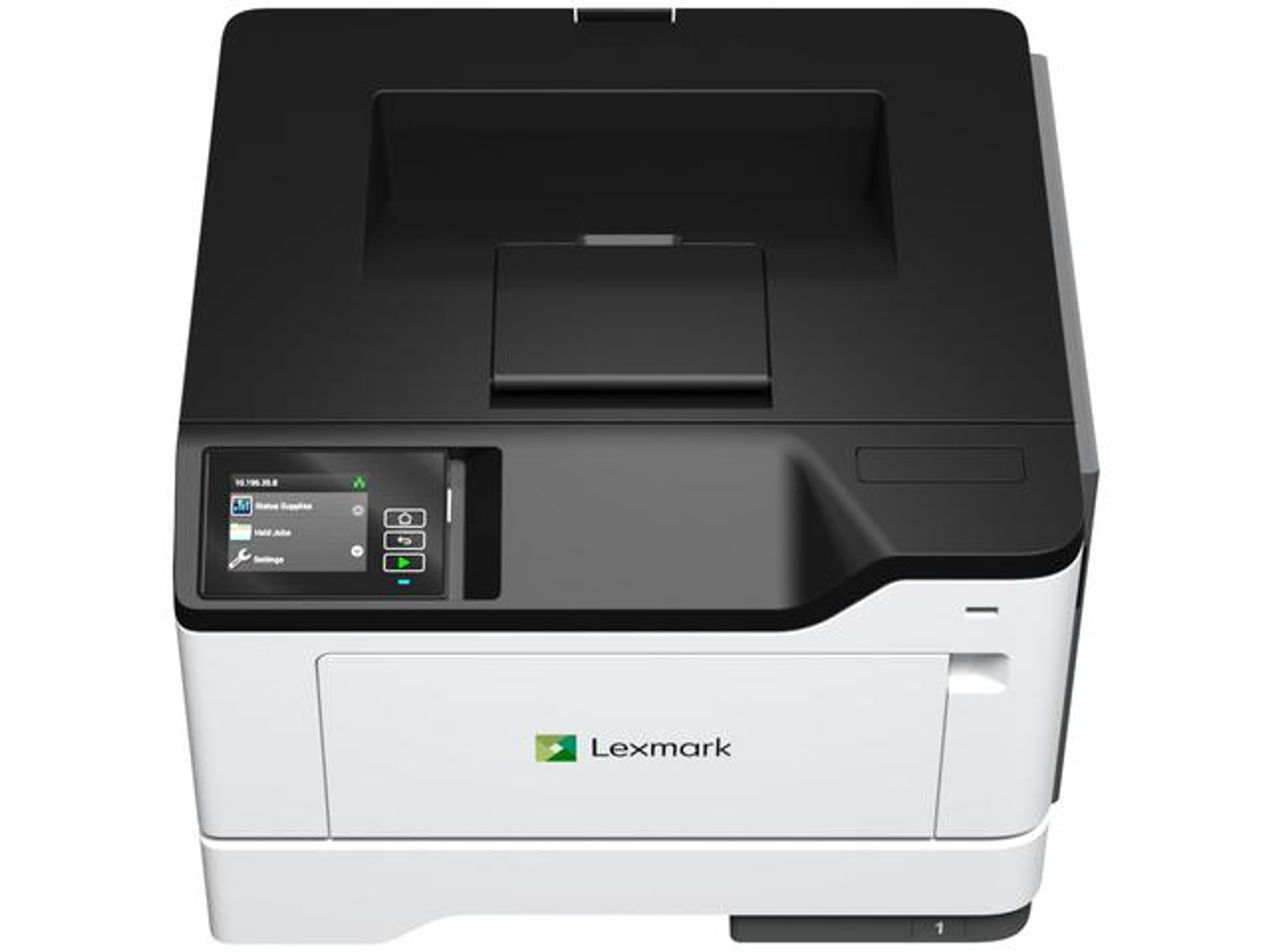 Czarno-biała drukarka Lexmark, widok z góry. Pokazuje panel sterowania i tacę na papier.