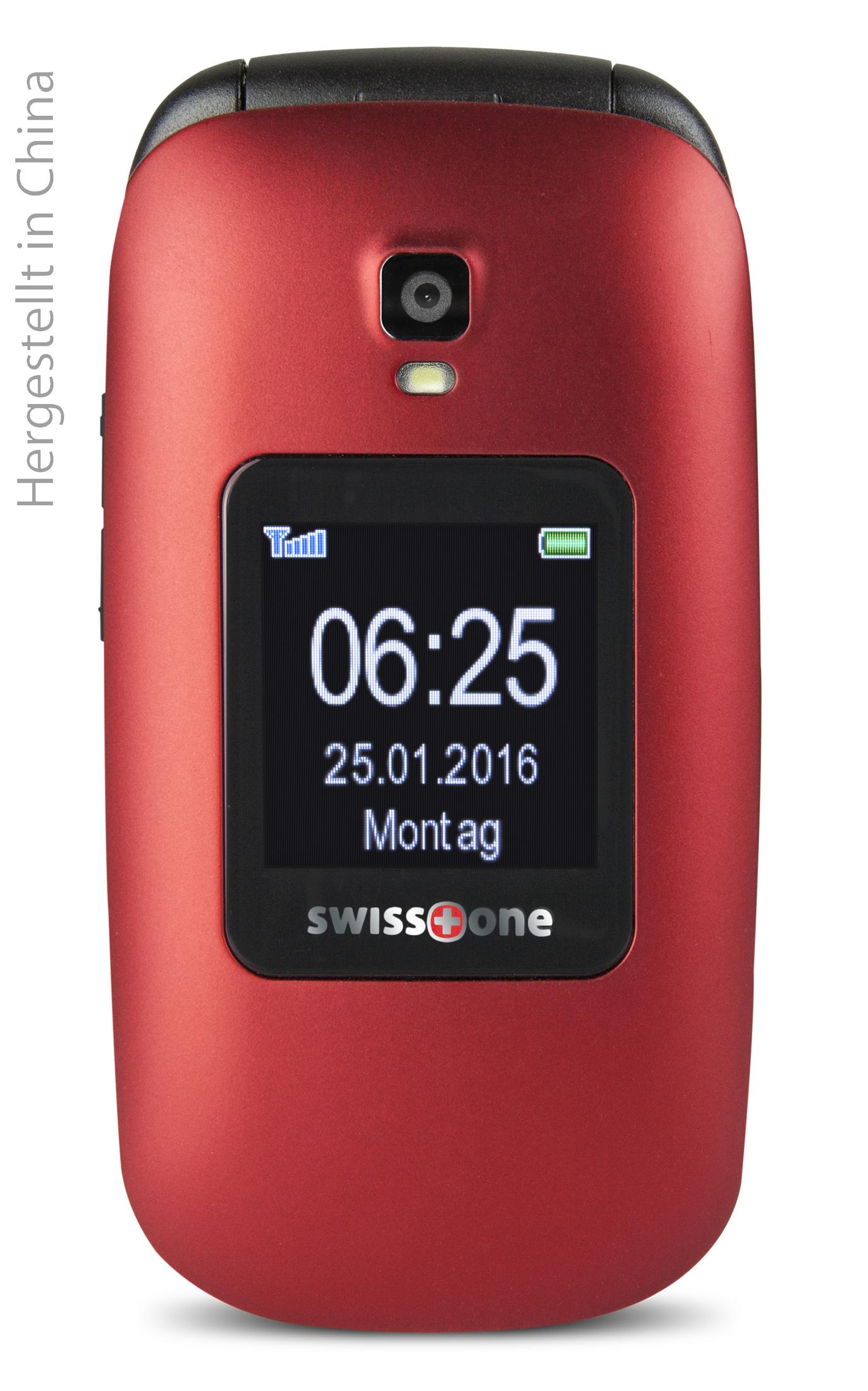 Un teléfono plegable rojo con una pequeña pantalla que muestra la hora y la fecha.