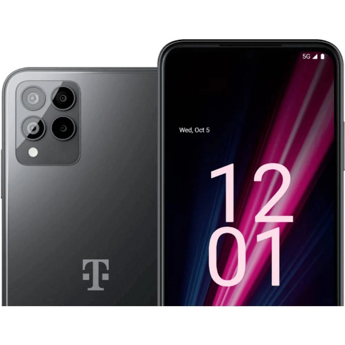 Ein schwarzes Smartphone mit Dual-Kamera-Setup und T-Mobile-Logo. Der Bildschirm zeigt Datum und Uhrzeit.