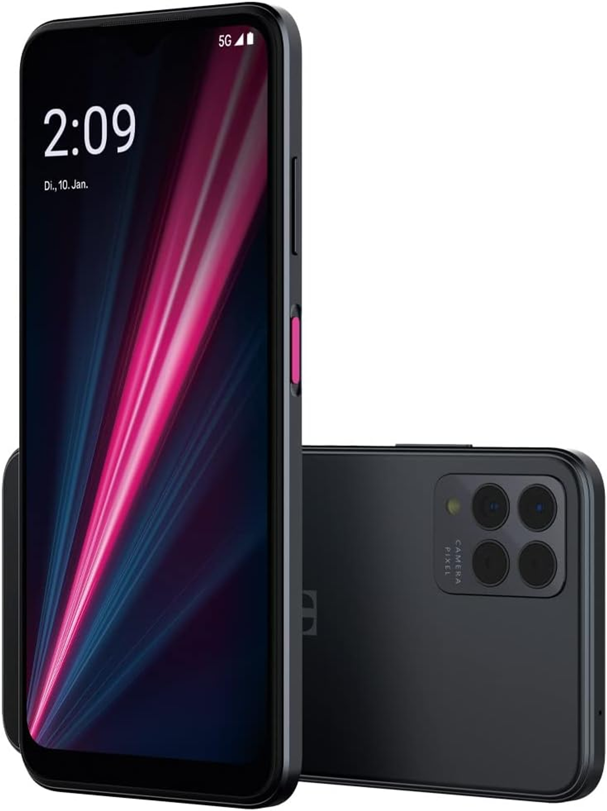 Schwarzes Smartphone mit lebendigem Bildschirm, der die Uhrzeit anzeigt. Die Rückseite zeigt Kameralinsen. Das Gerät steht auf einer weißen Oberfläche.