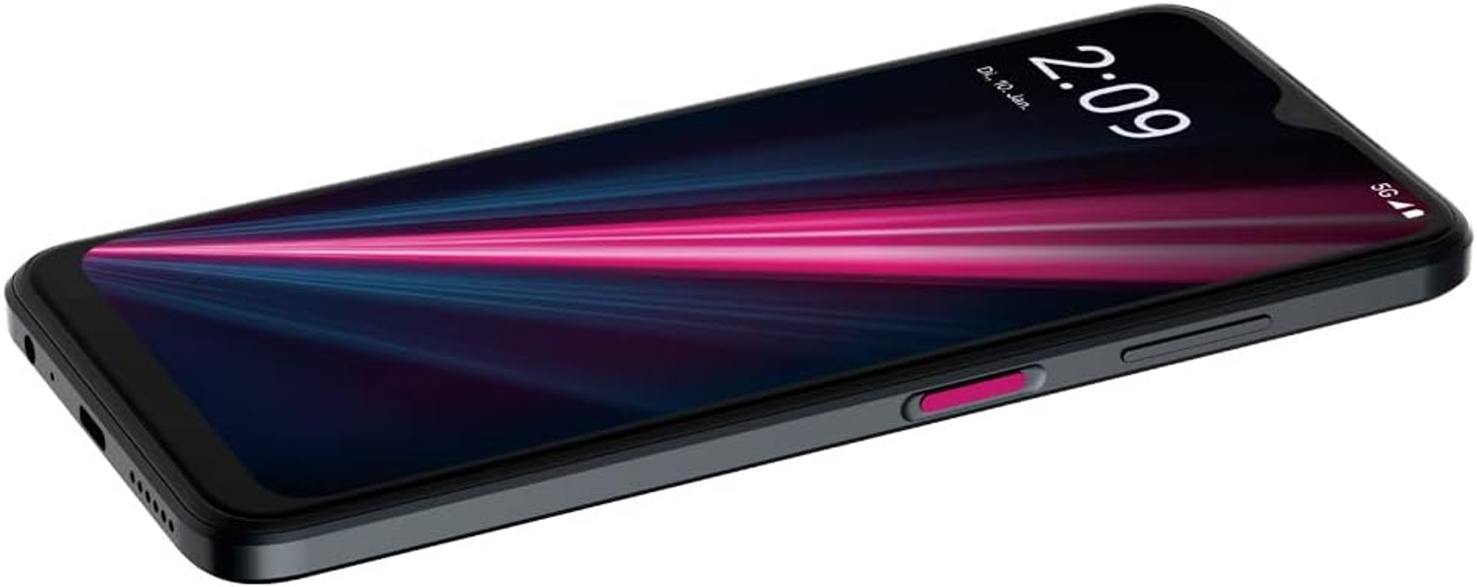 Schwarzes Smartphone schräg, Bildschirm mit pinken und blauen Streifen. Rosa Taste an der Seite. 5G-Symbol.