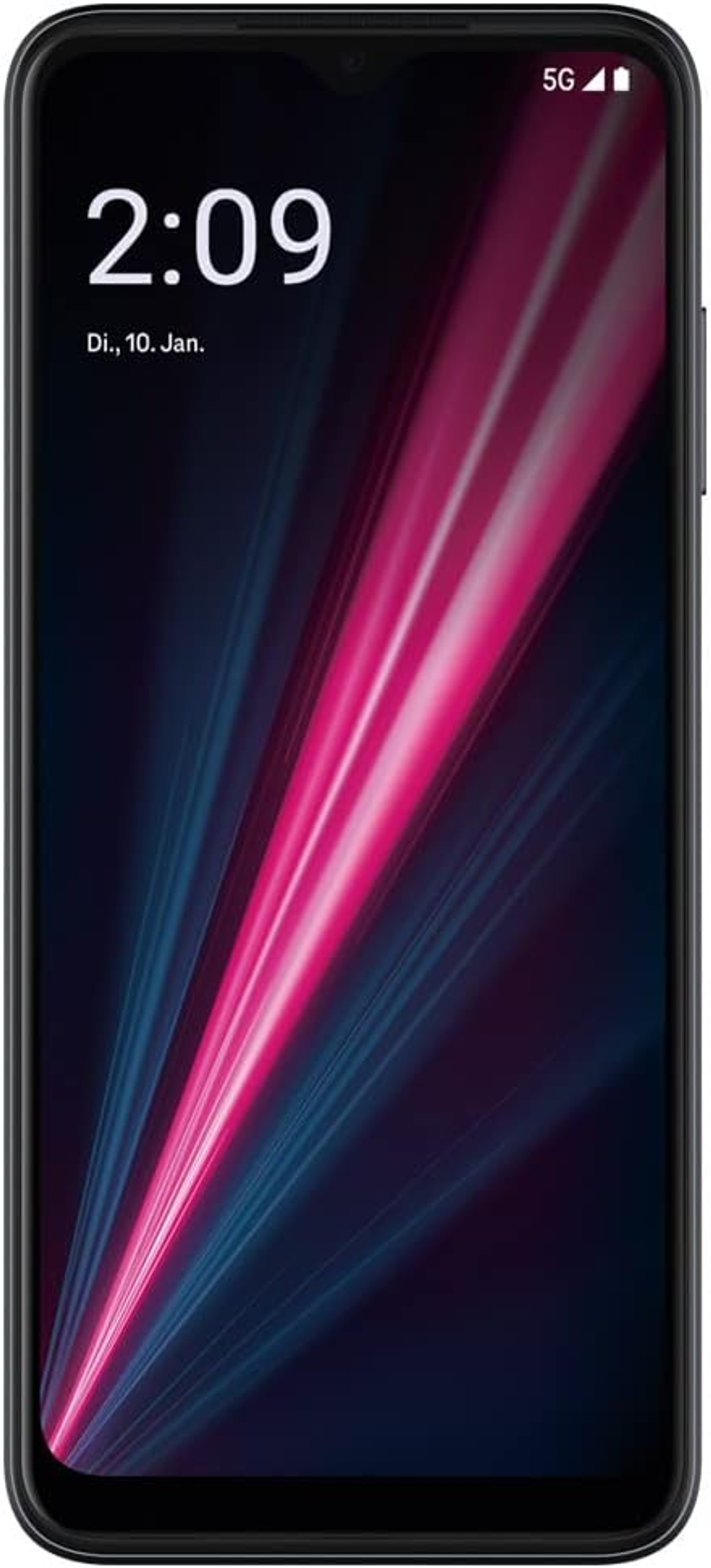 Schwarzes Smartphone, das die Uhrzeit 2:09 anzeigt. Es hat eine rosa und blaue Lichtanzeige.
