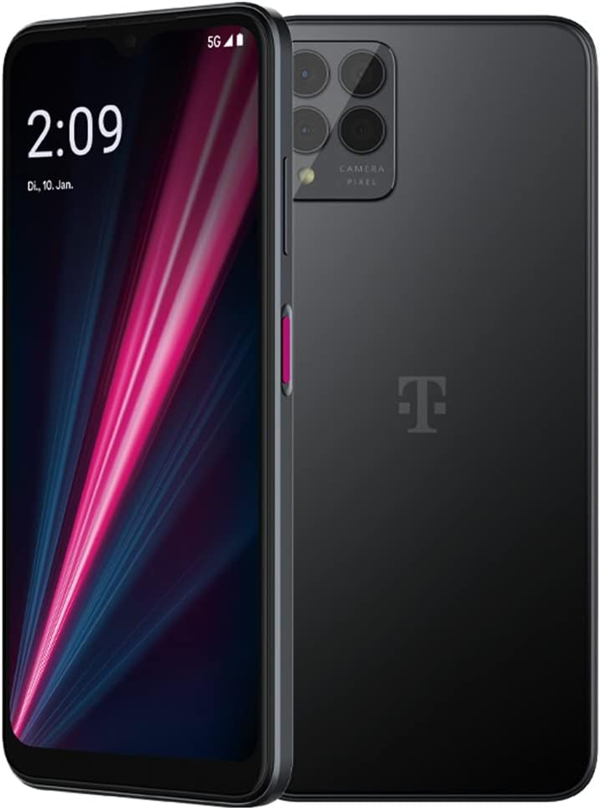 Schwarzes Smartphone, Vorder- und Rückansicht. Anzeige zeigt Zeit und rosa Akzente.