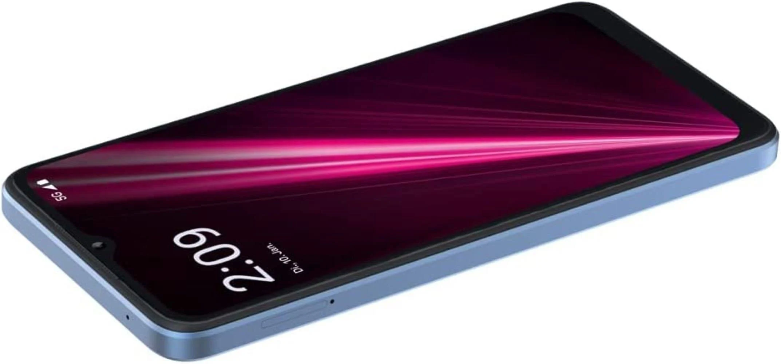 Ein blaues Smartphone mit lila Farbverlauf-Bildschirm, 2:09 Uhr und Datum.