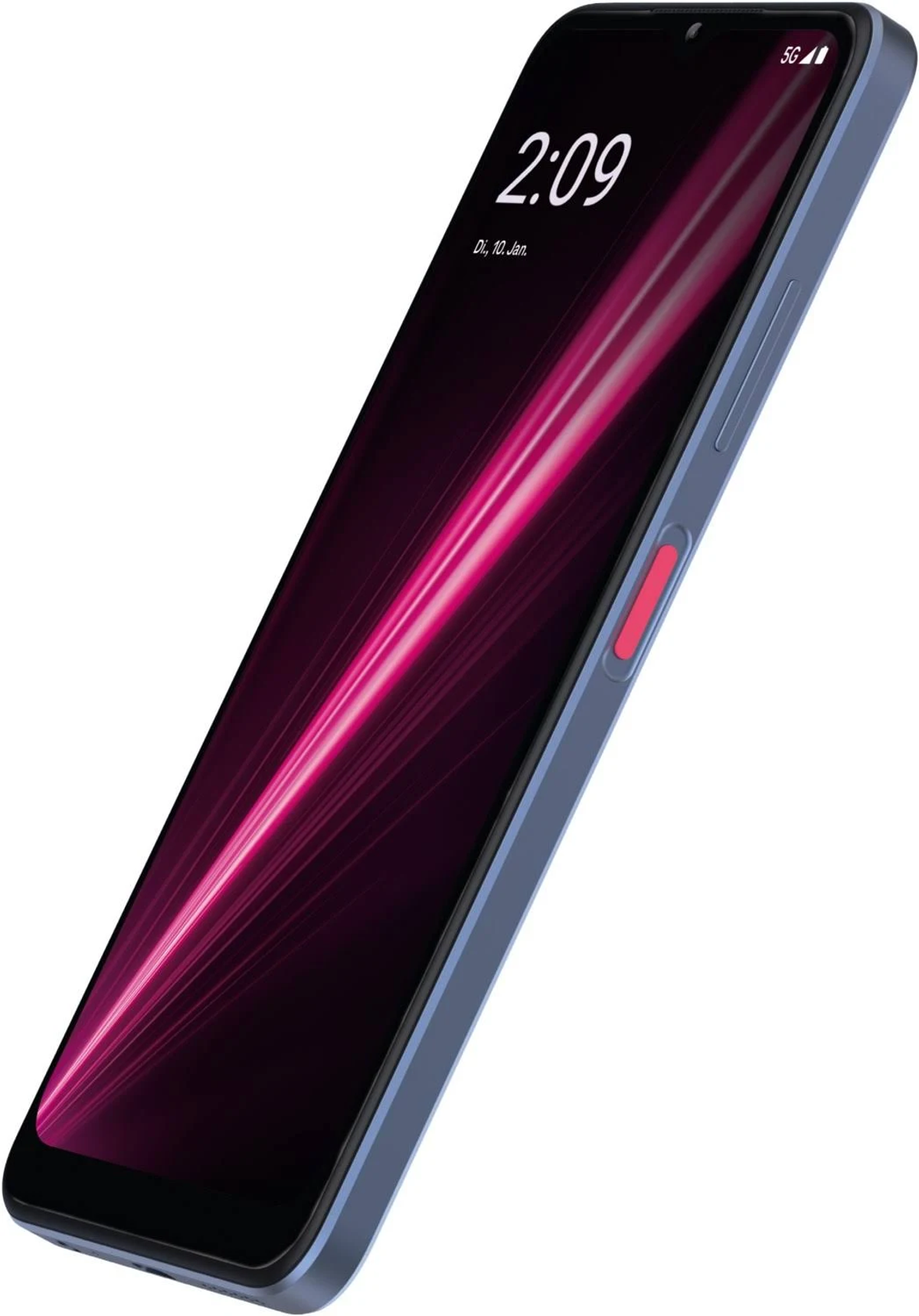 Blaues Smartphone mit roter Ein/Aus-Taste, zeigt eine Oberfläche mit pinken Linien.
