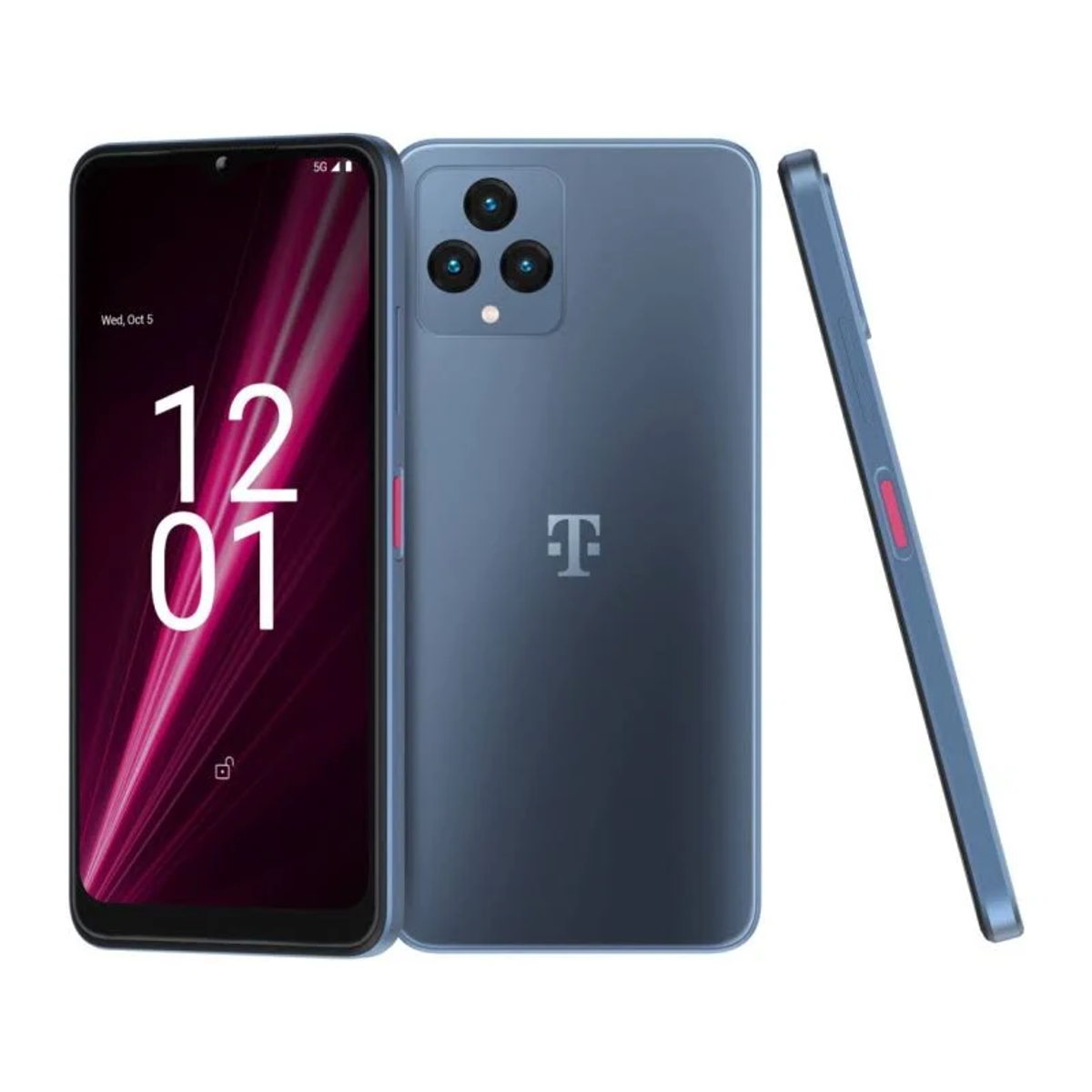 Blaues und graues Telefon mit drei Rückkameras, zeigt Zeit und Datum.