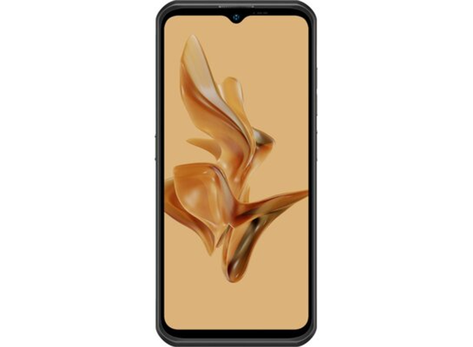 Schwarzes Smartphone mit goldenem, abstraktem Design auf dem Bildschirm. Das Telefon hat eine Frontkamera.