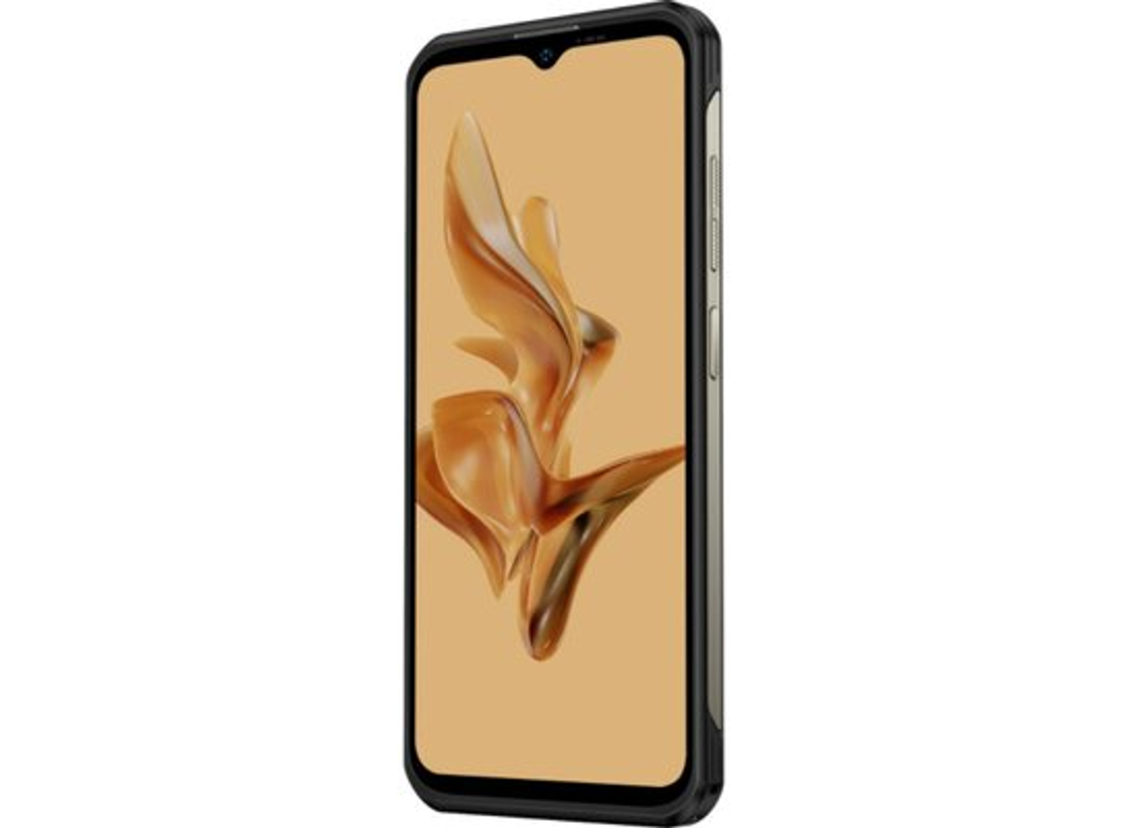 Ein Smartphone in einer Hülle. Der Bildschirm zeigt ein gold-braunes abstraktes Design.