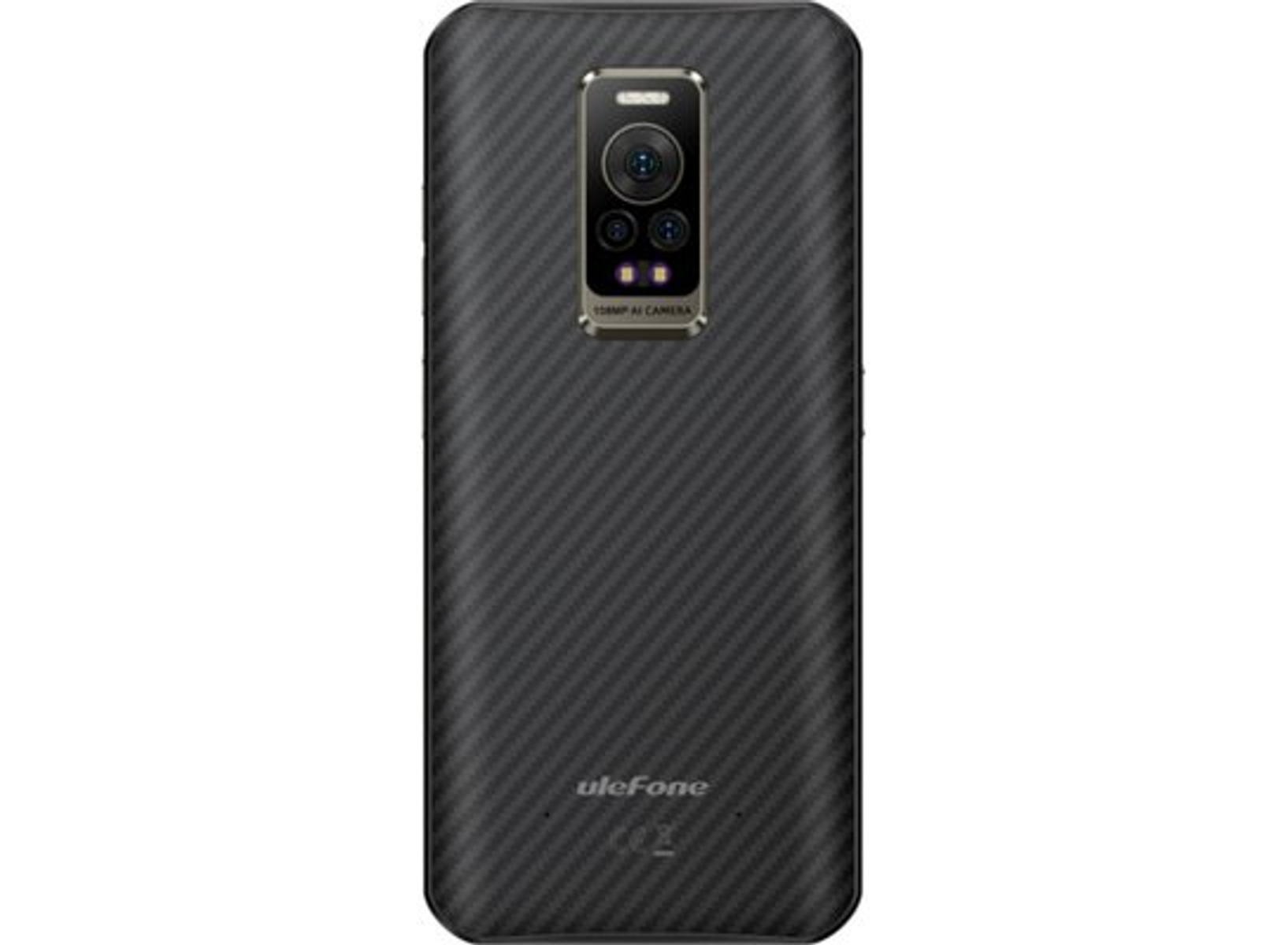 Die Rückseite eines schwarzen Telefons mit drei Kameras und einer strukturierten Textur und dem Ulefone-Logo.