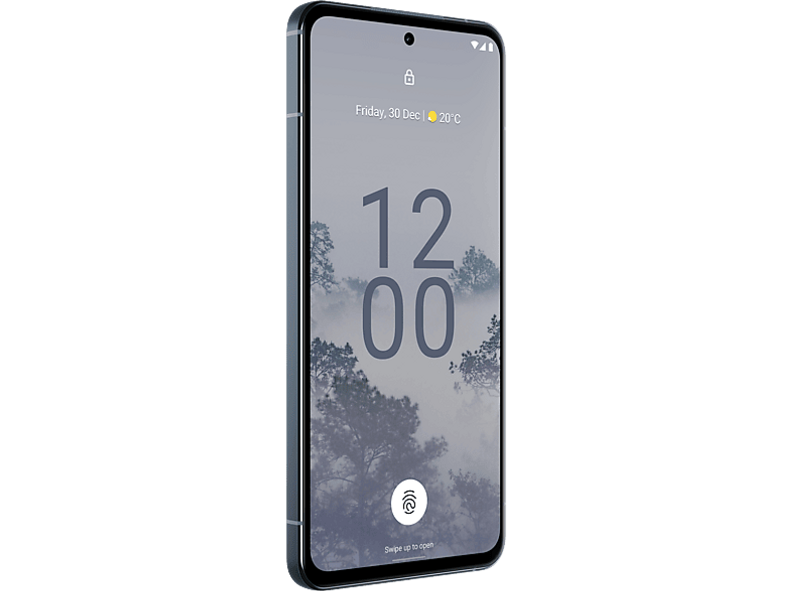 Smartphone-Bildschirm, der Zeit und Datum anzeigt.